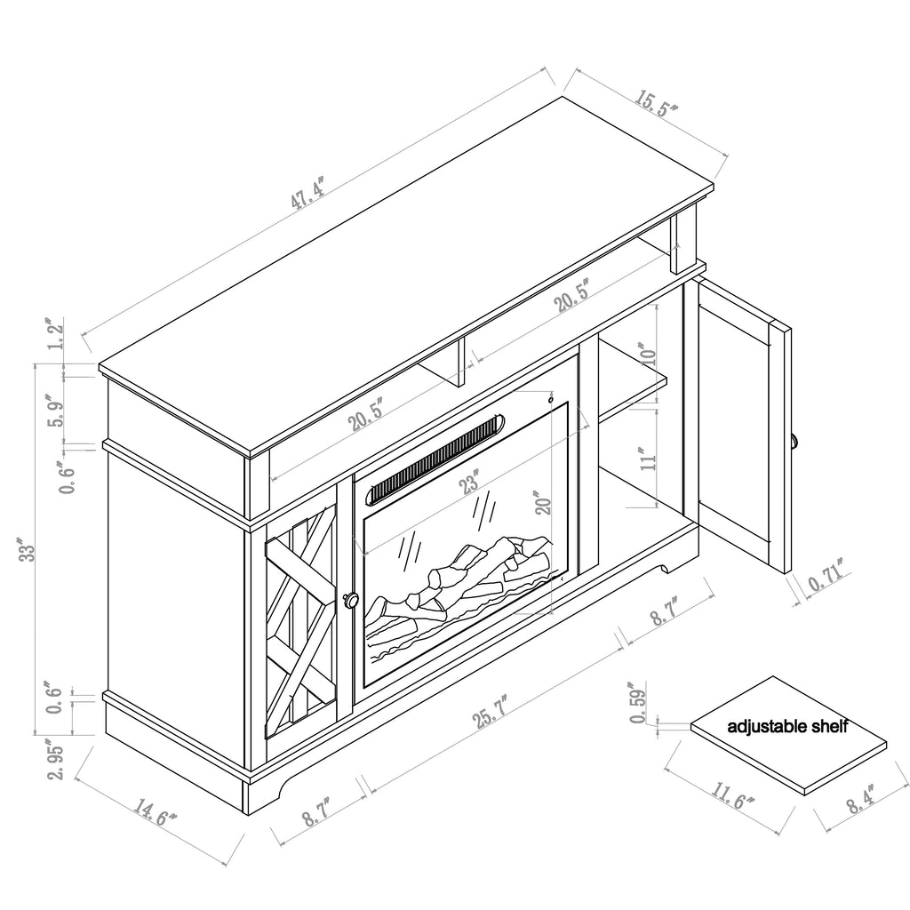 FFP20256 48" TV Stand with 23" Electric Fireplace-White