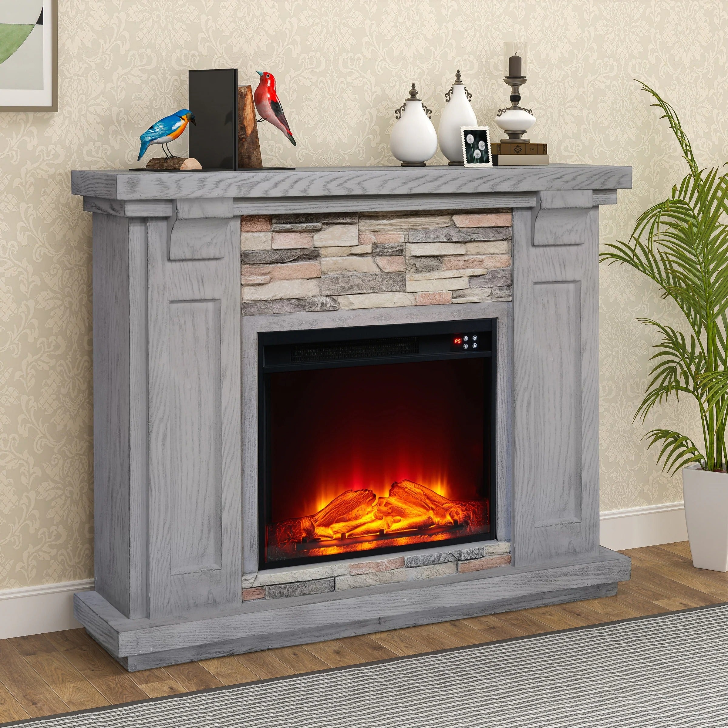 FFP22190 48" Electric Fireplace Mantel with Faux Brick-Grey
