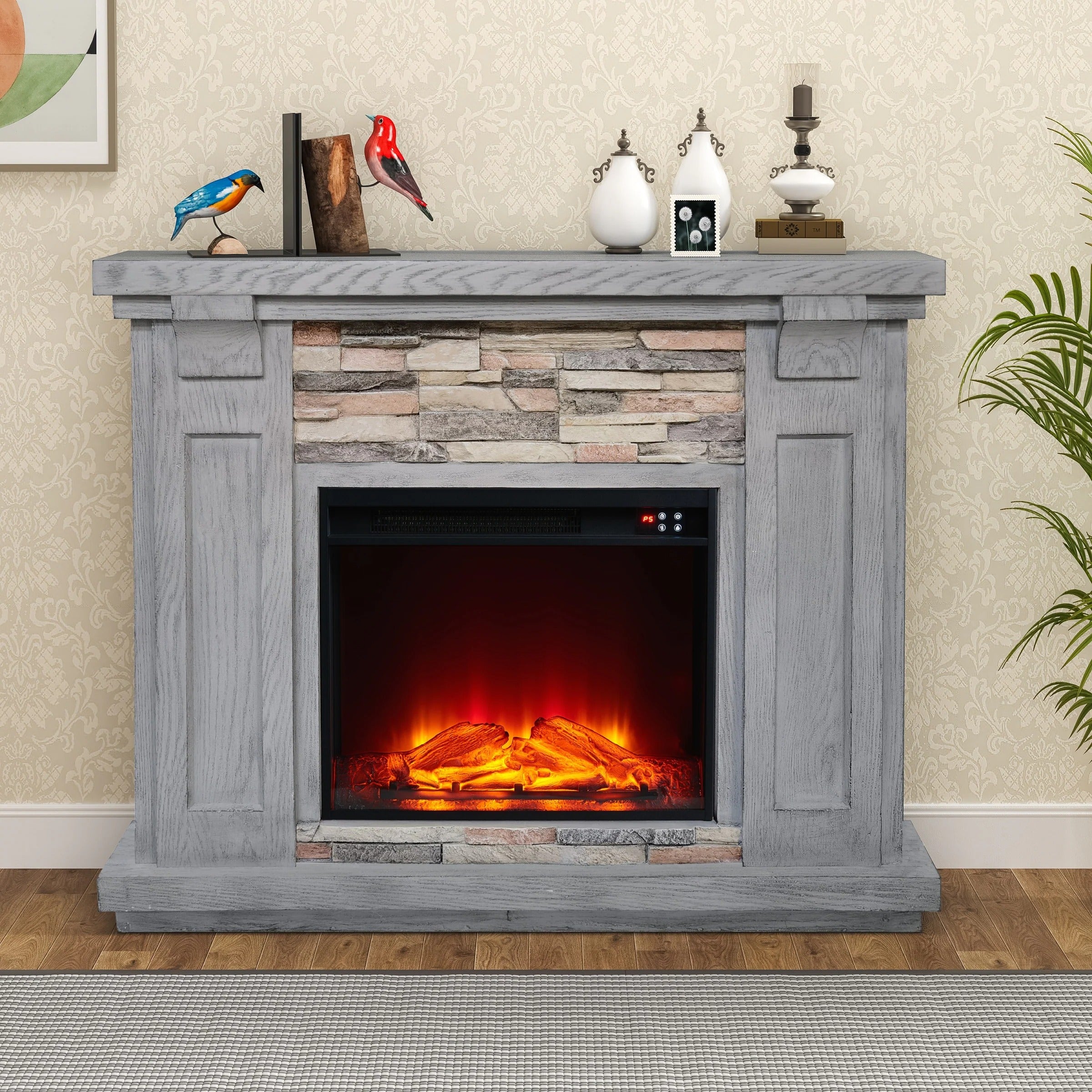 FFP22190 48" Electric Fireplace Mantel with Faux Brick-Grey