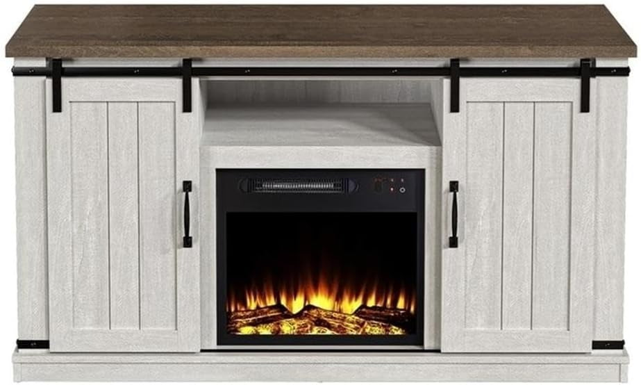 FFP20271 54" TV Stand with 18" Electric Fireplace & 2 Barn Door-White