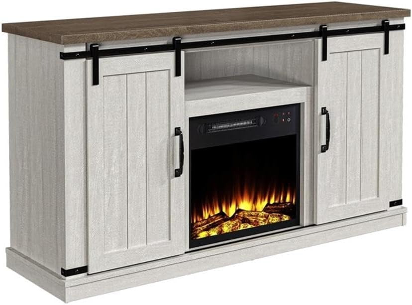 FFP20271 54" TV Stand with 18" Electric Fireplace & 2 Barn Door-White