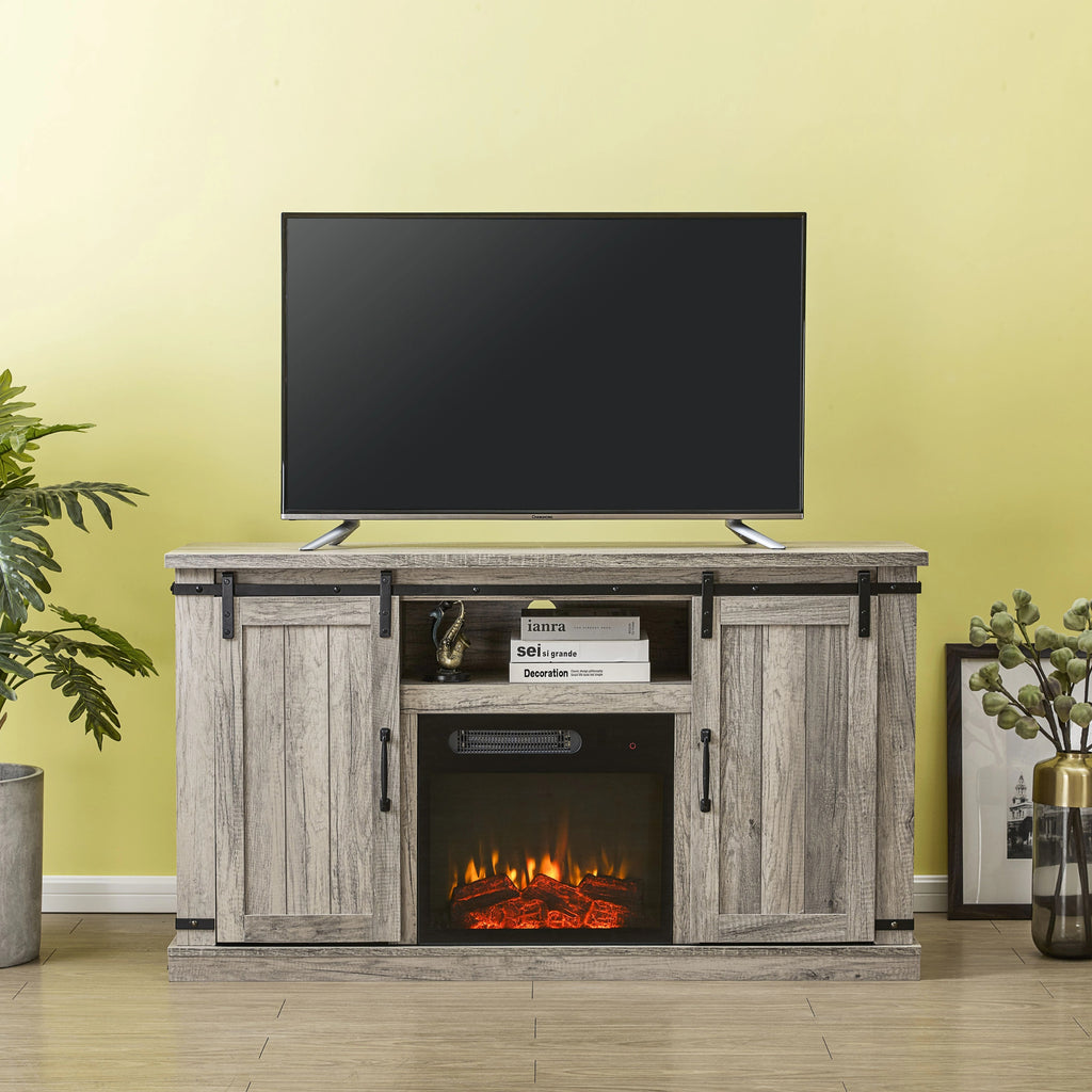 FFP20272 54" TV Stand with 18" Electric Fireplace & 2 Barn Door-Grey