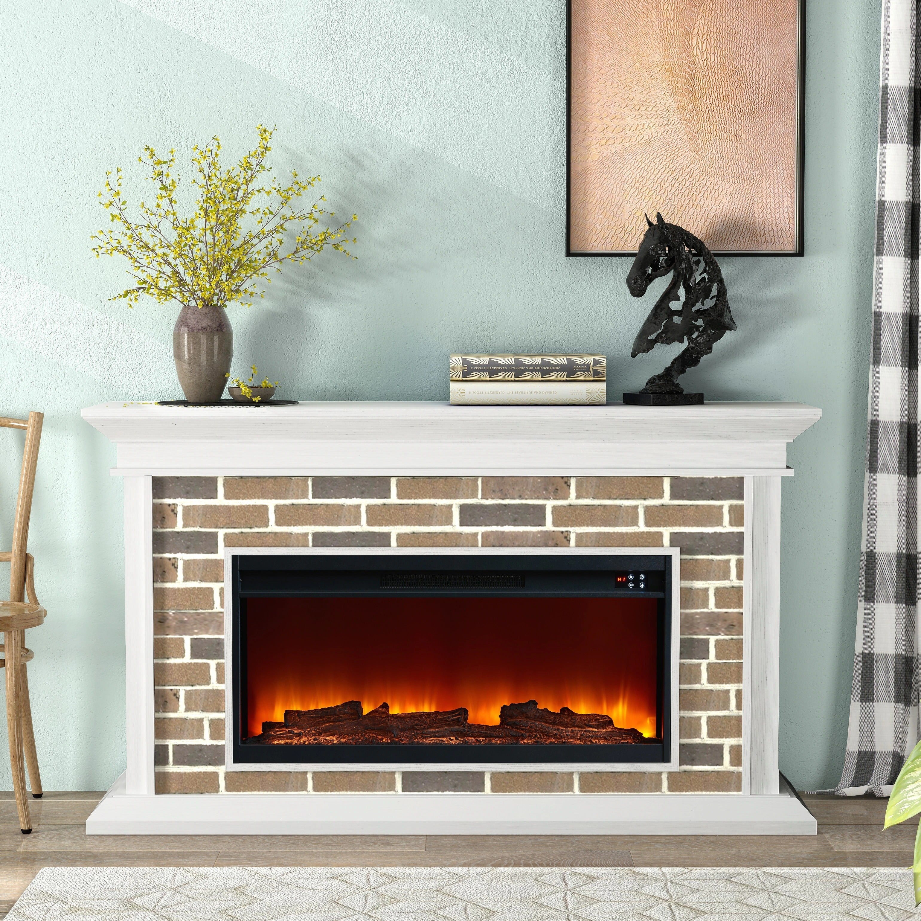 FFP22007 60" Electric Fireplace Mantel with Faux Brick-White