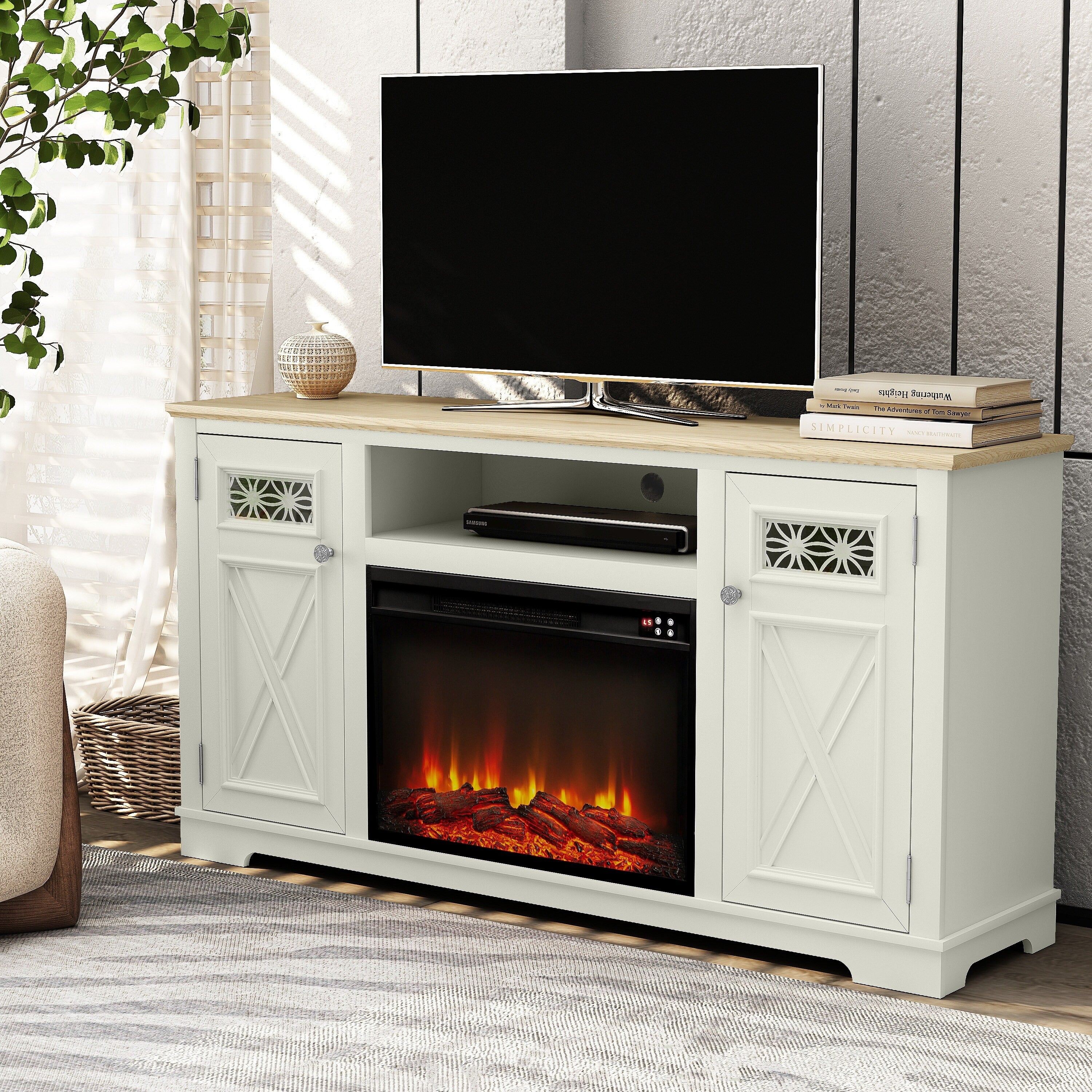 FTS24283 61" TV Stand with 26" Electric Fireplace-White