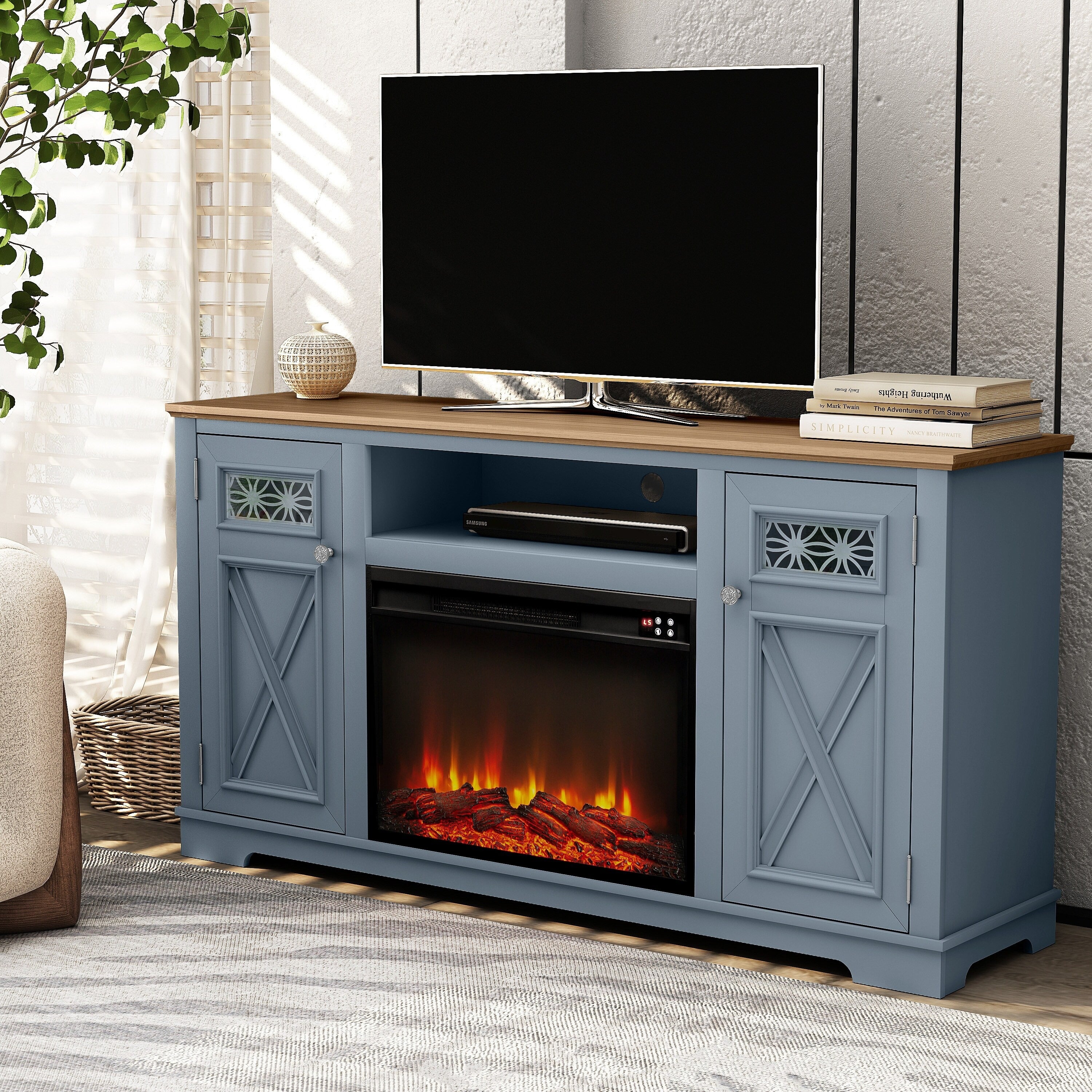FTS24280 61" TV Stand with 26" Electric Fireplace-Blue