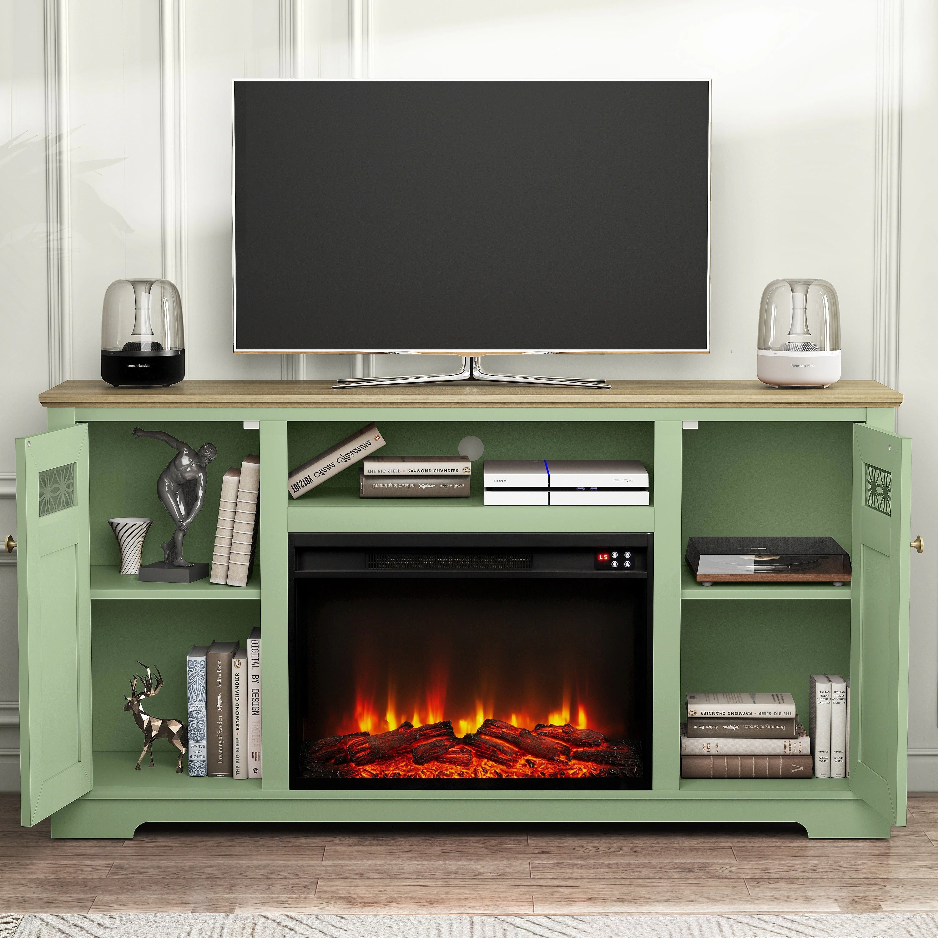 FTS24281 61" TV Stand with 26" Electric Fireplace-Green