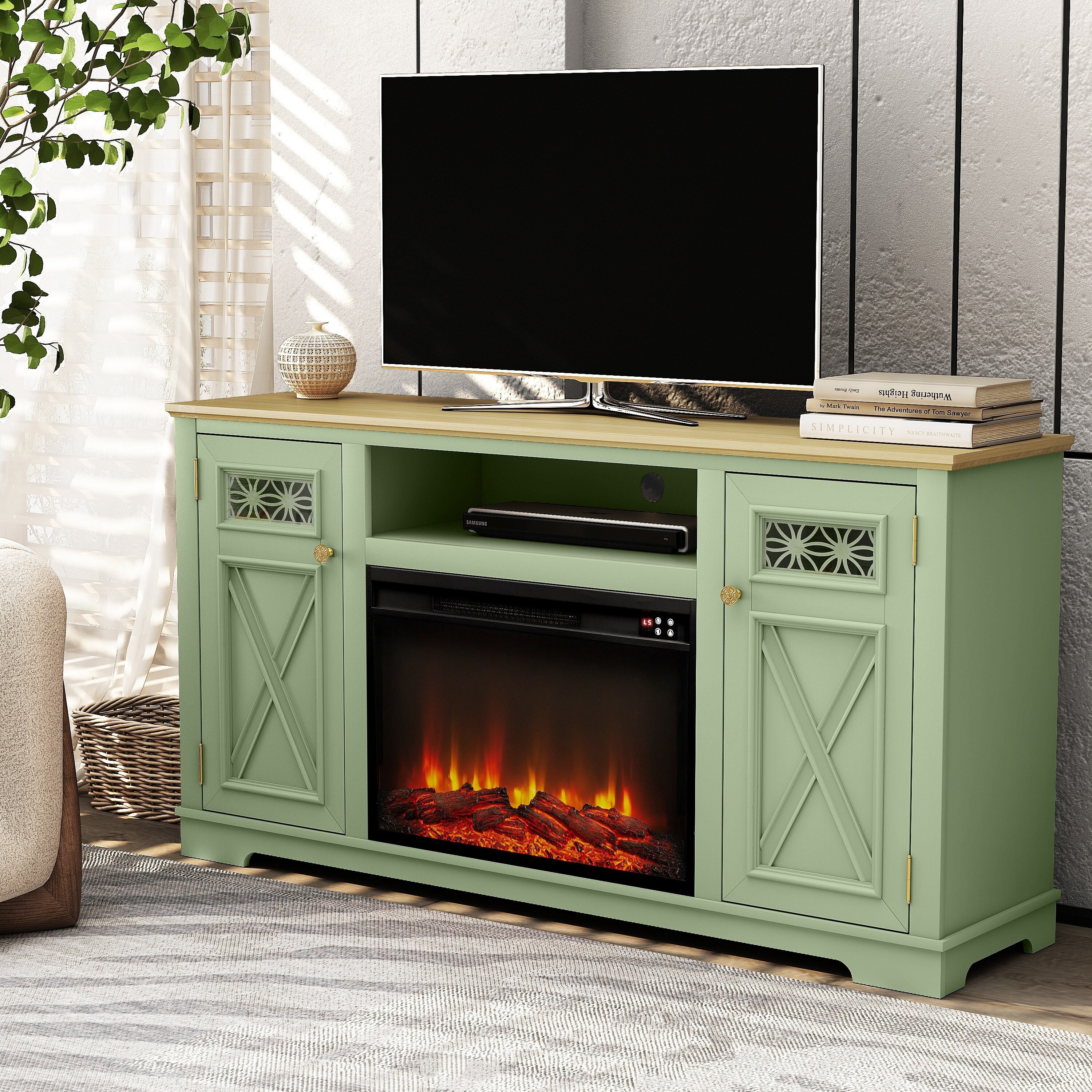 FTS24281 61" TV Stand with 26" Electric Fireplace-Green