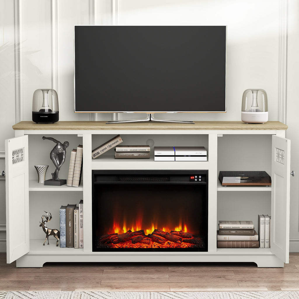 FTS24283 61" TV Stand with 26" Electric Fireplace-White