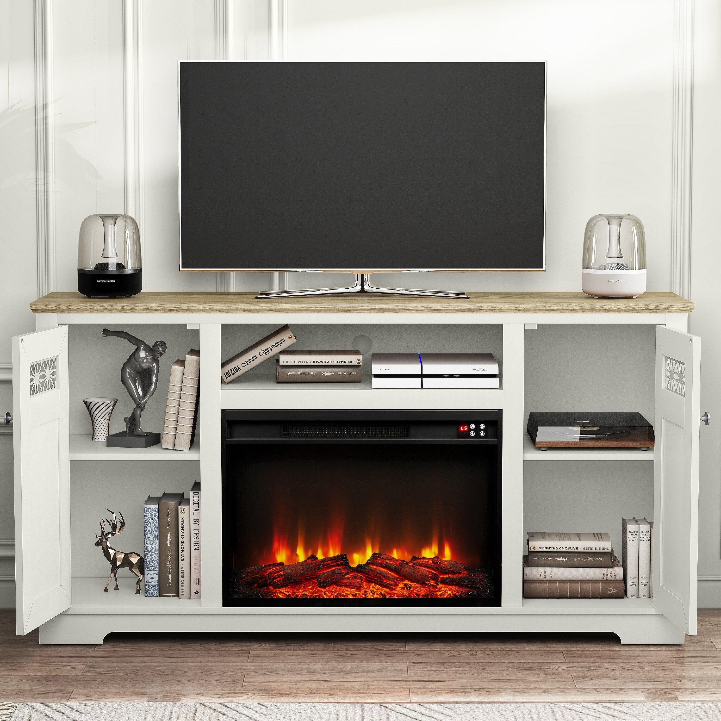 FTS24283 61" TV Stand with 26" Electric Fireplace-White