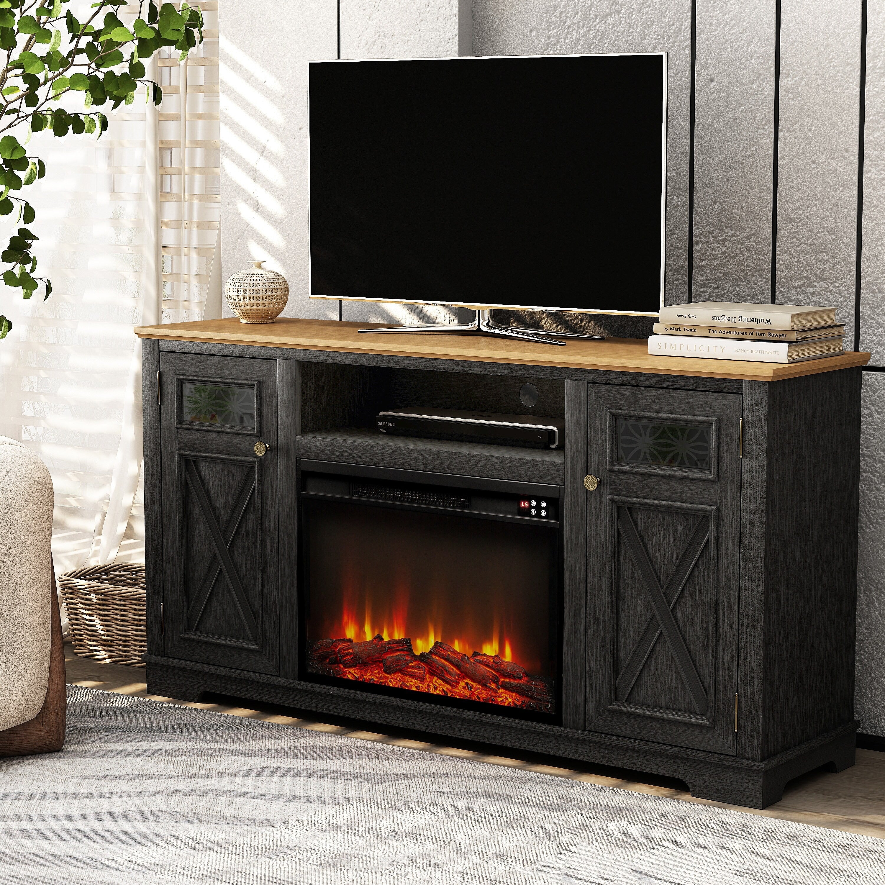 FTS24282 61" TV Stand with 26" Electric Fireplace-Black