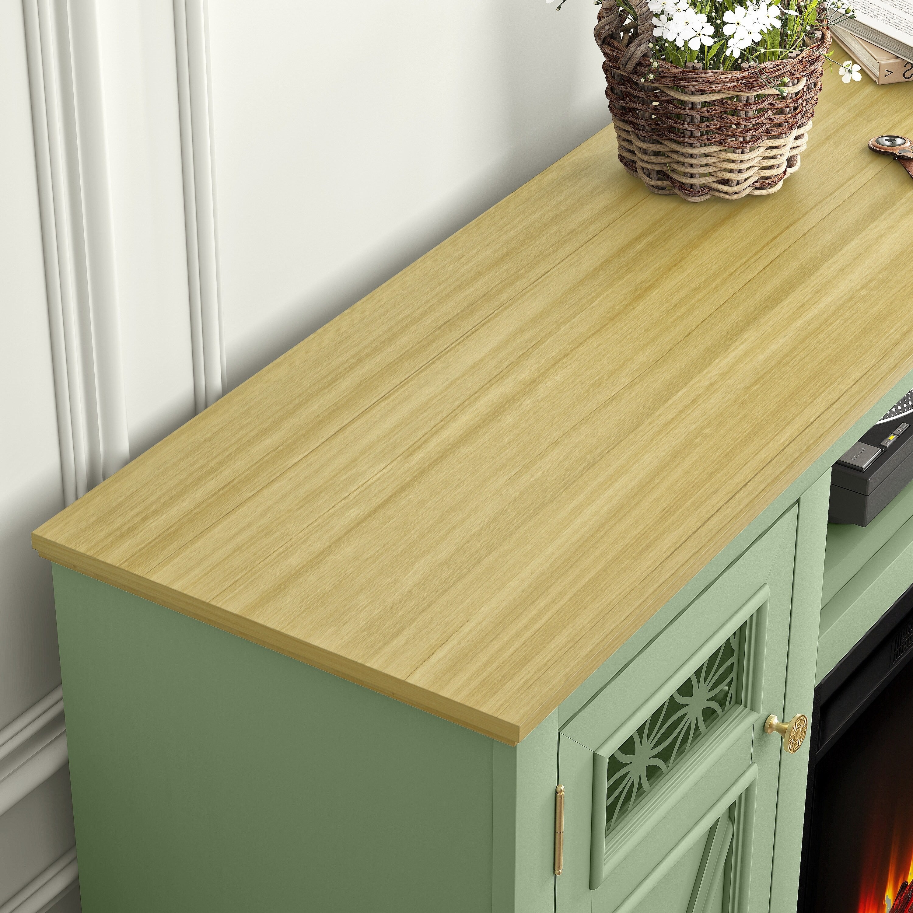 FTS24281 61" TV Stand with 26" Electric Fireplace-Green