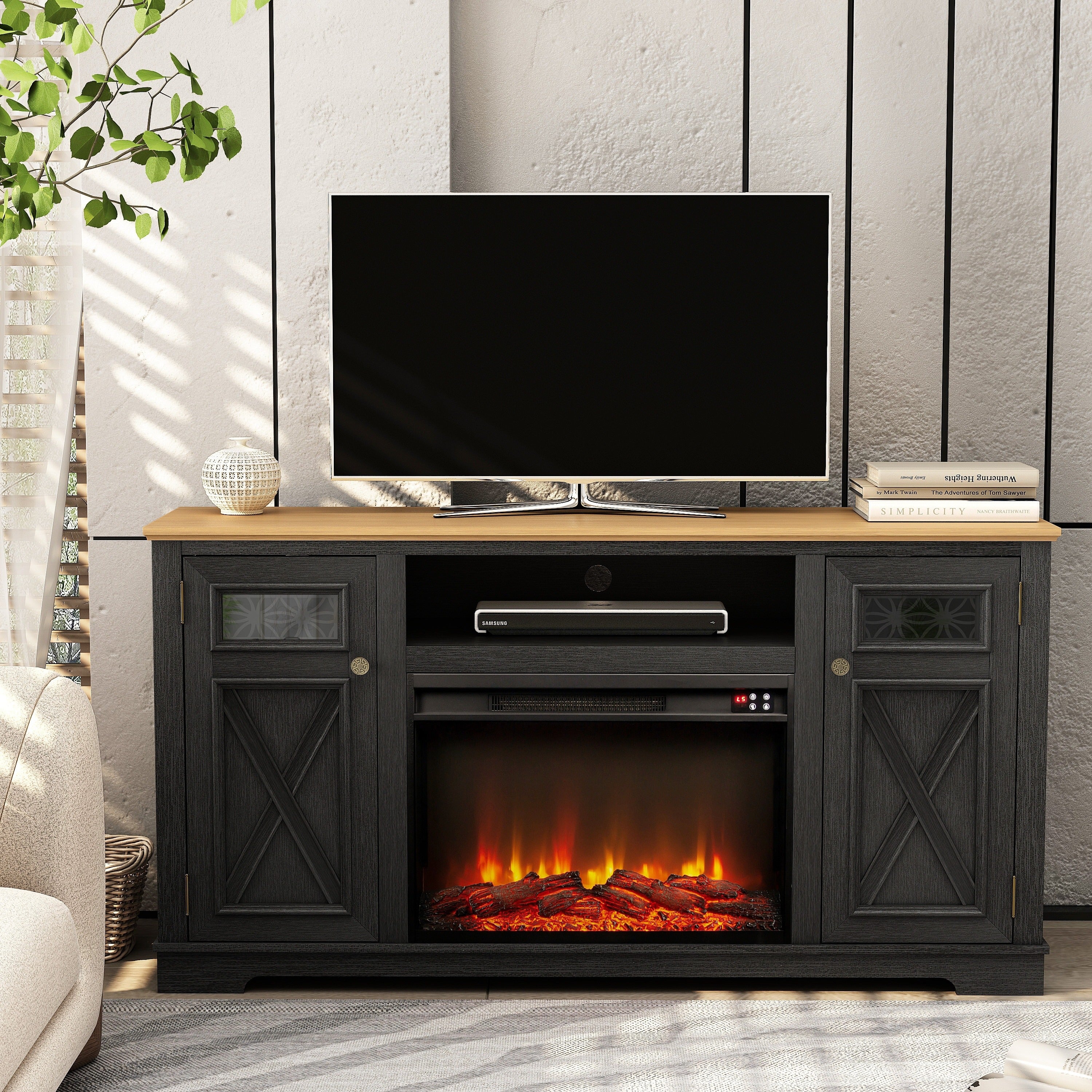 FTS24282 61" TV Stand with 26" Electric Fireplace-Black