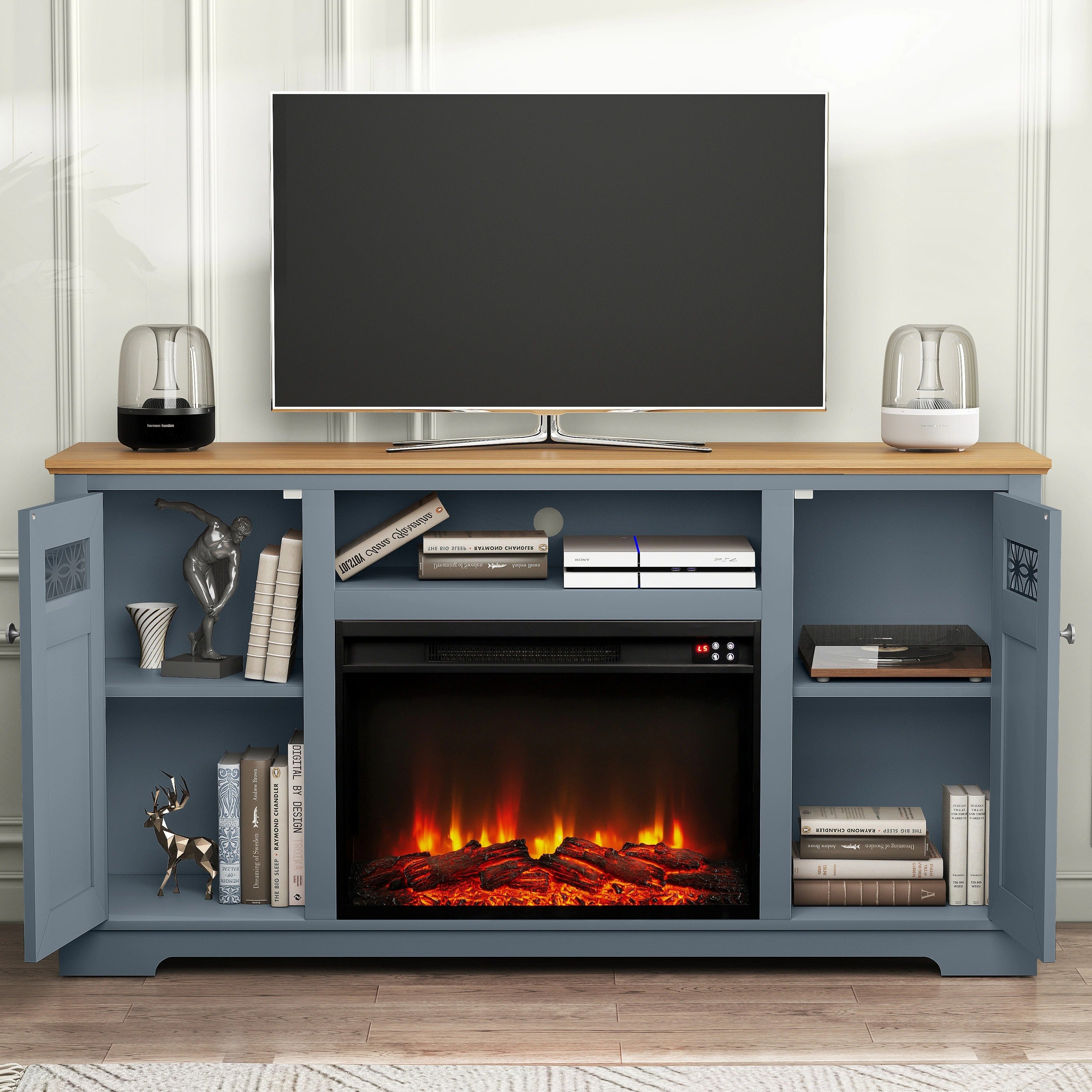 FTS24280 61" TV Stand with 26" Electric Fireplace-Blue