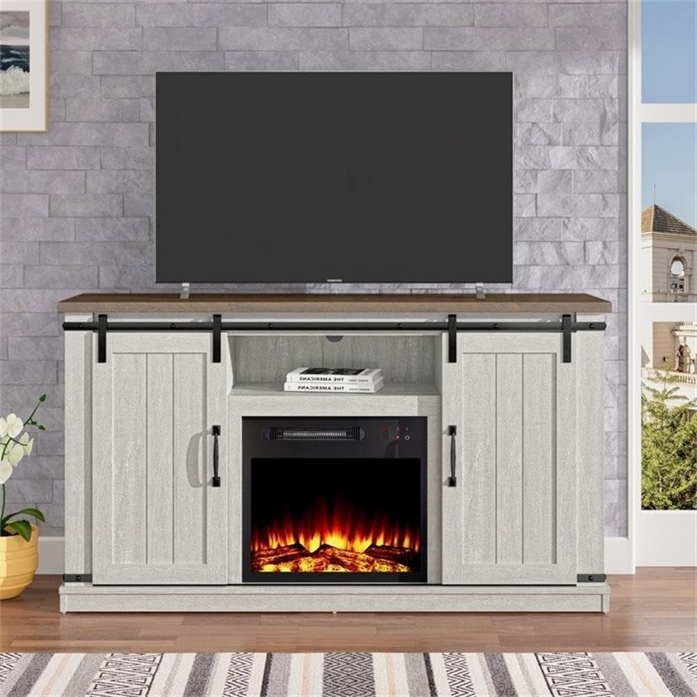 FFP20271 54" TV Stand with 18" Electric Fireplace & 2 Barn Door-White