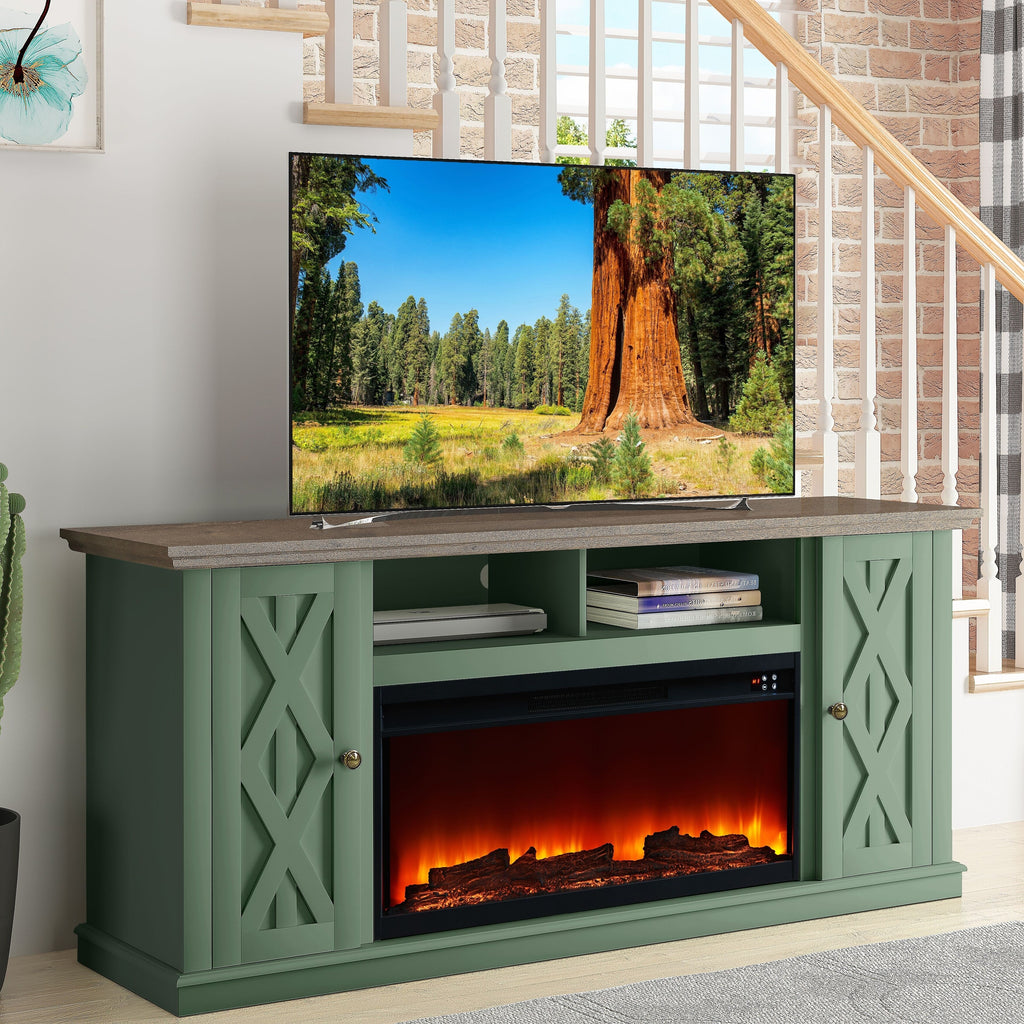 FTS22202 68" TV Stand with 36" Electric Fireplace-Green