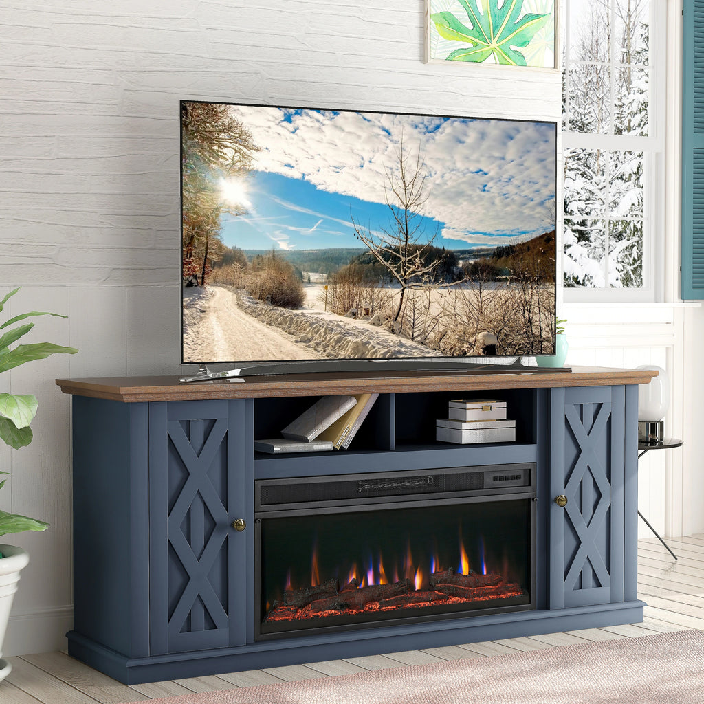 FTS22201 68" TV Stand with 36" Electric Fireplace-Navy