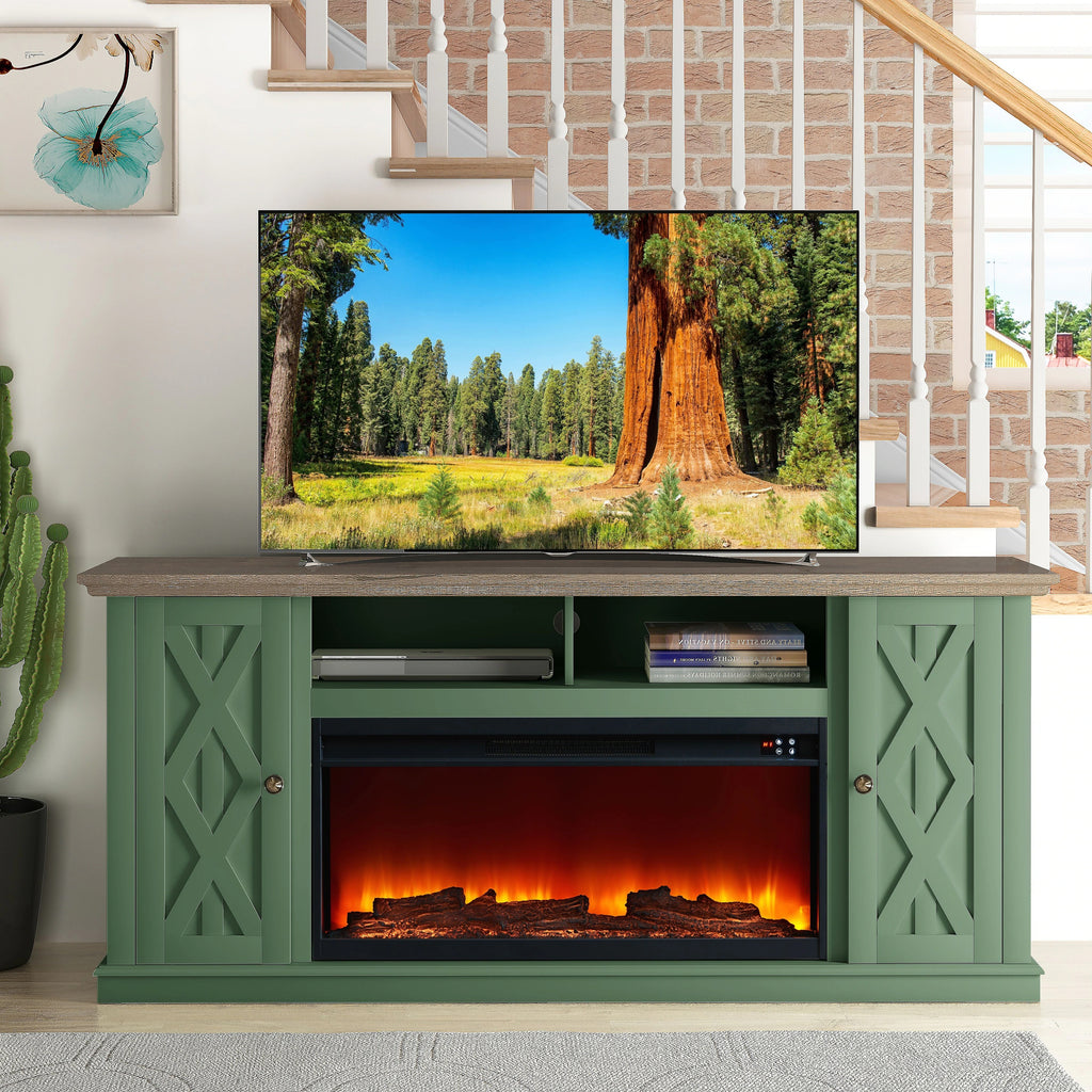 FTS22202 68" TV Stand with 36" Electric Fireplace-Green