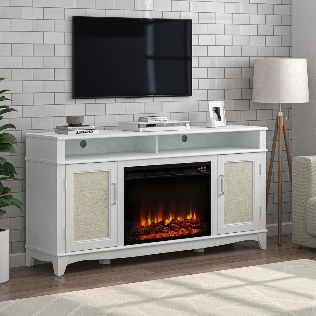 FTS23222 63" TV Stand with 26" Electric Fireplace-White