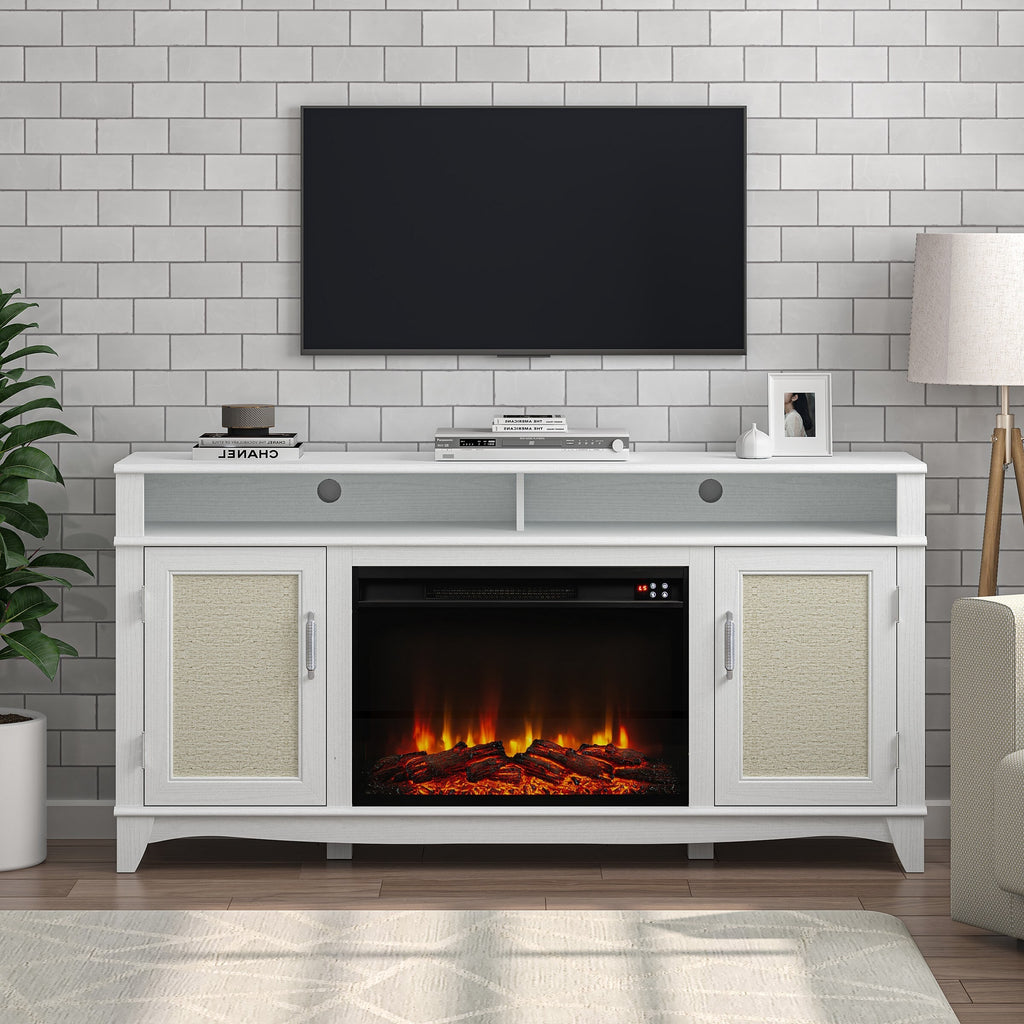 FTS23222 63" TV Stand with 26" Electric Fireplace-White