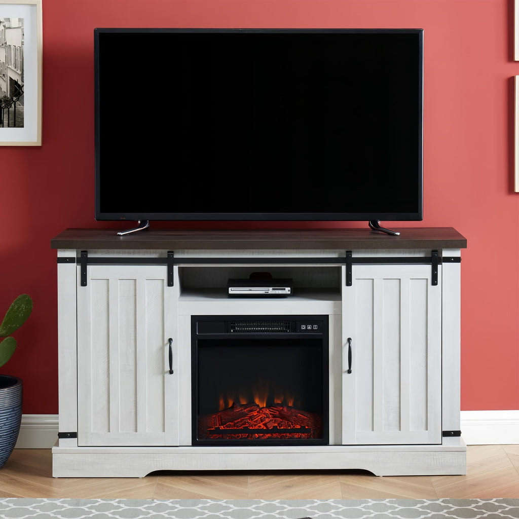 FFP20271 54" TV Stand with 18" Electric Fireplace & 2 Barn Door-White