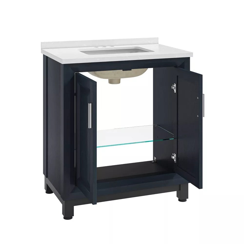 30" FBV21010 Freestanding Bathroom Vanity with Marble Top-Navy