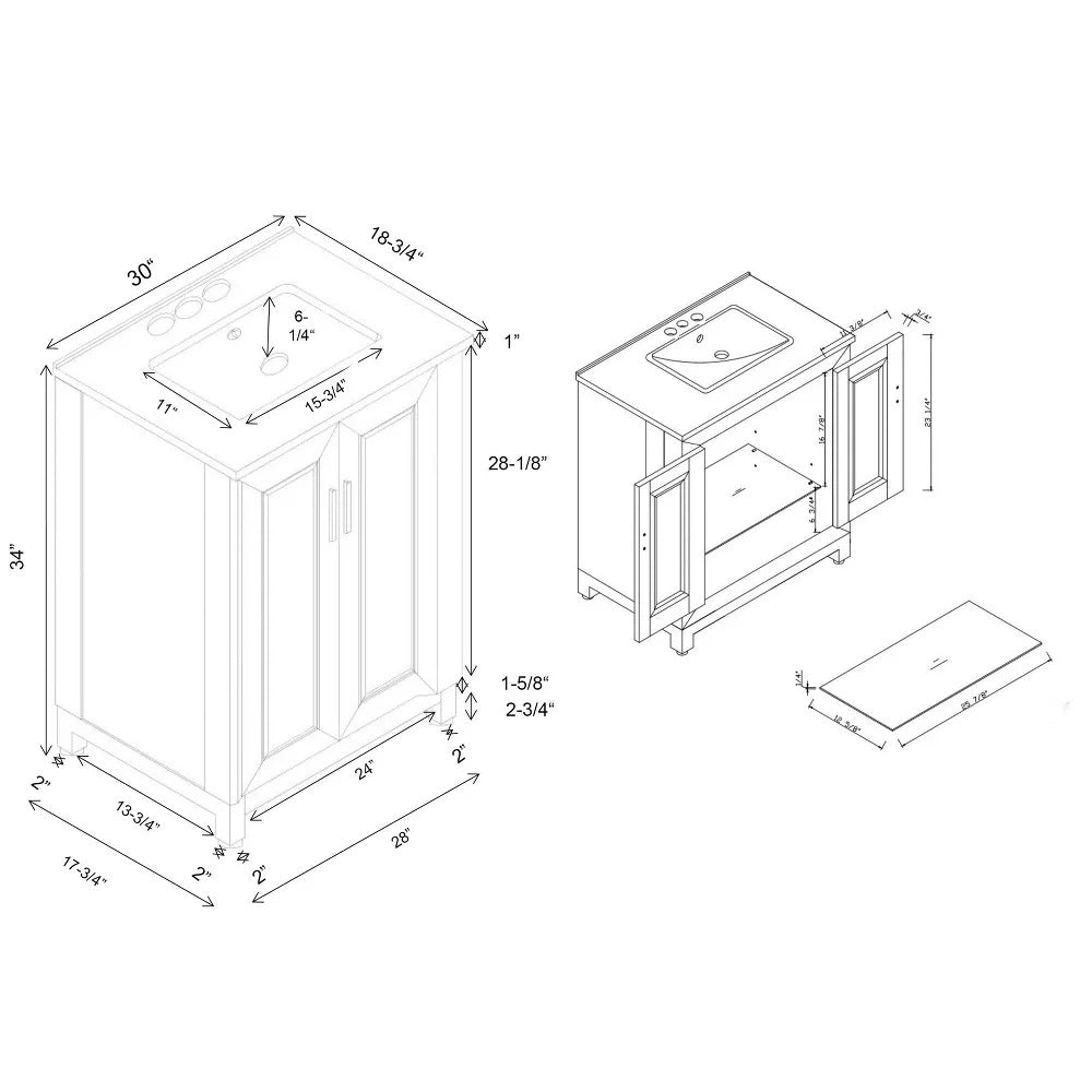 30" FBV21010 Freestanding Bathroom Vanity with Marble Top-Navy