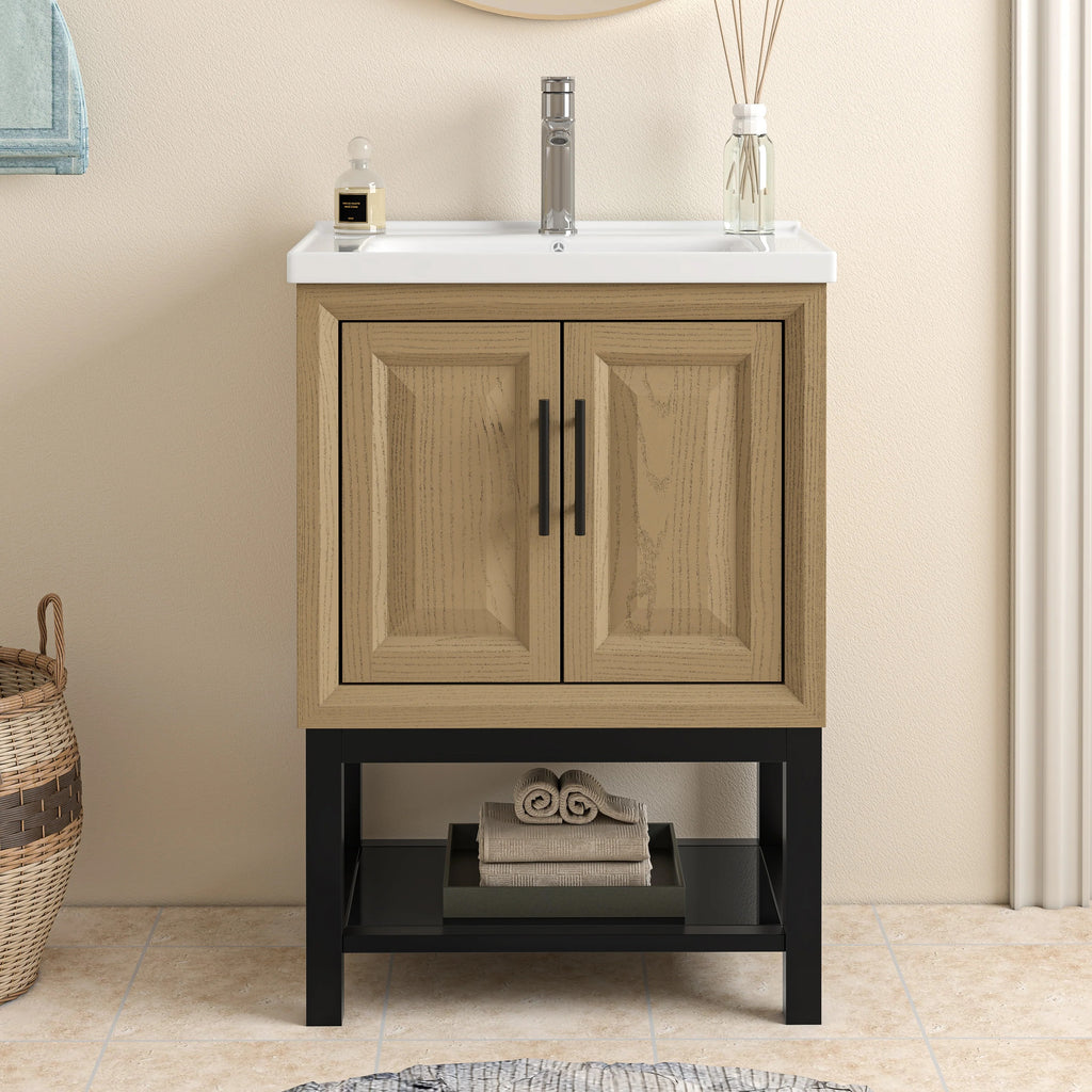 24" FBV24224 Freestanding Bathroom Vanity with Ceramic Top & Faucet-Brown