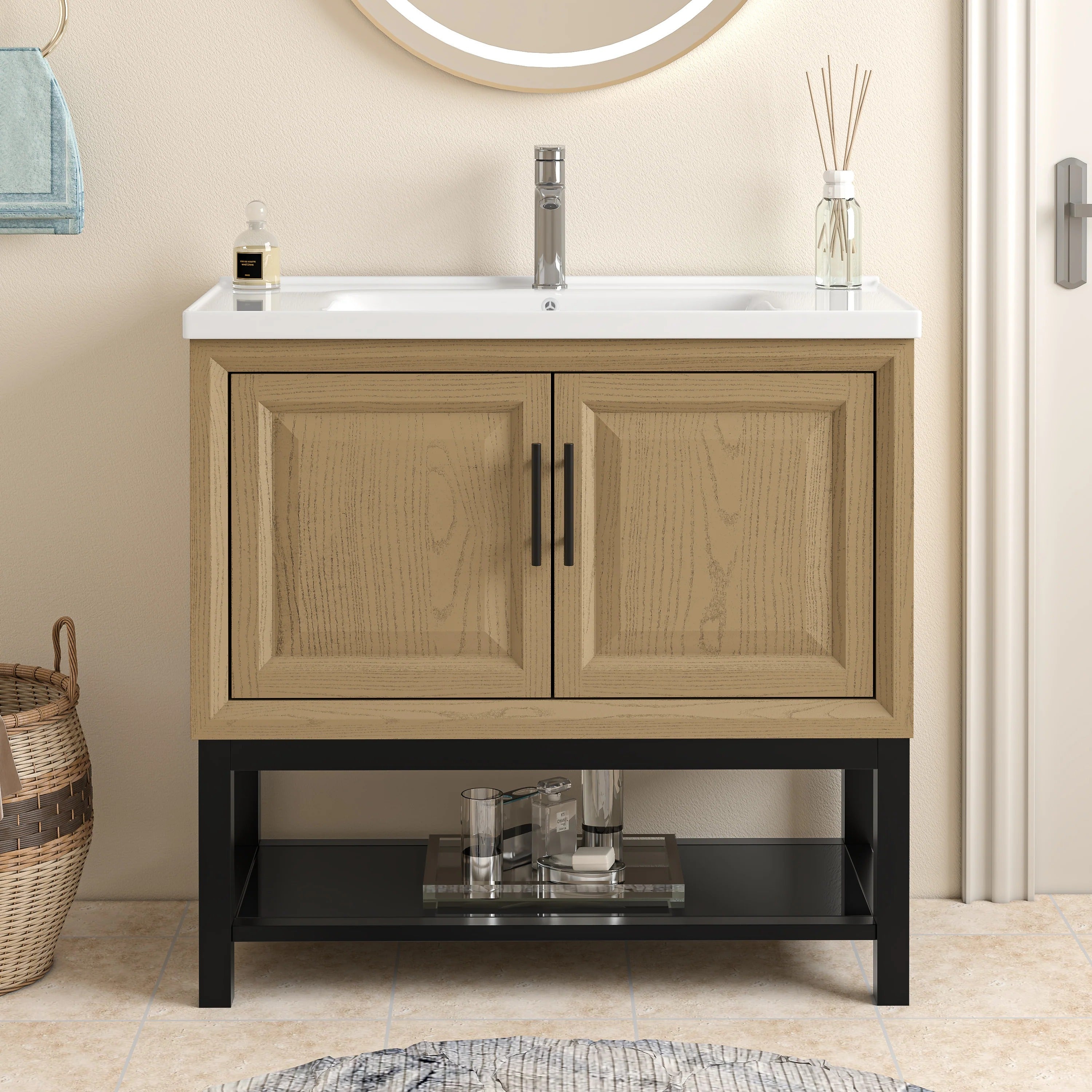 36" FBV24234 Freestanding Bathroom Vanity with Ceramic Top & Faucet-Brown