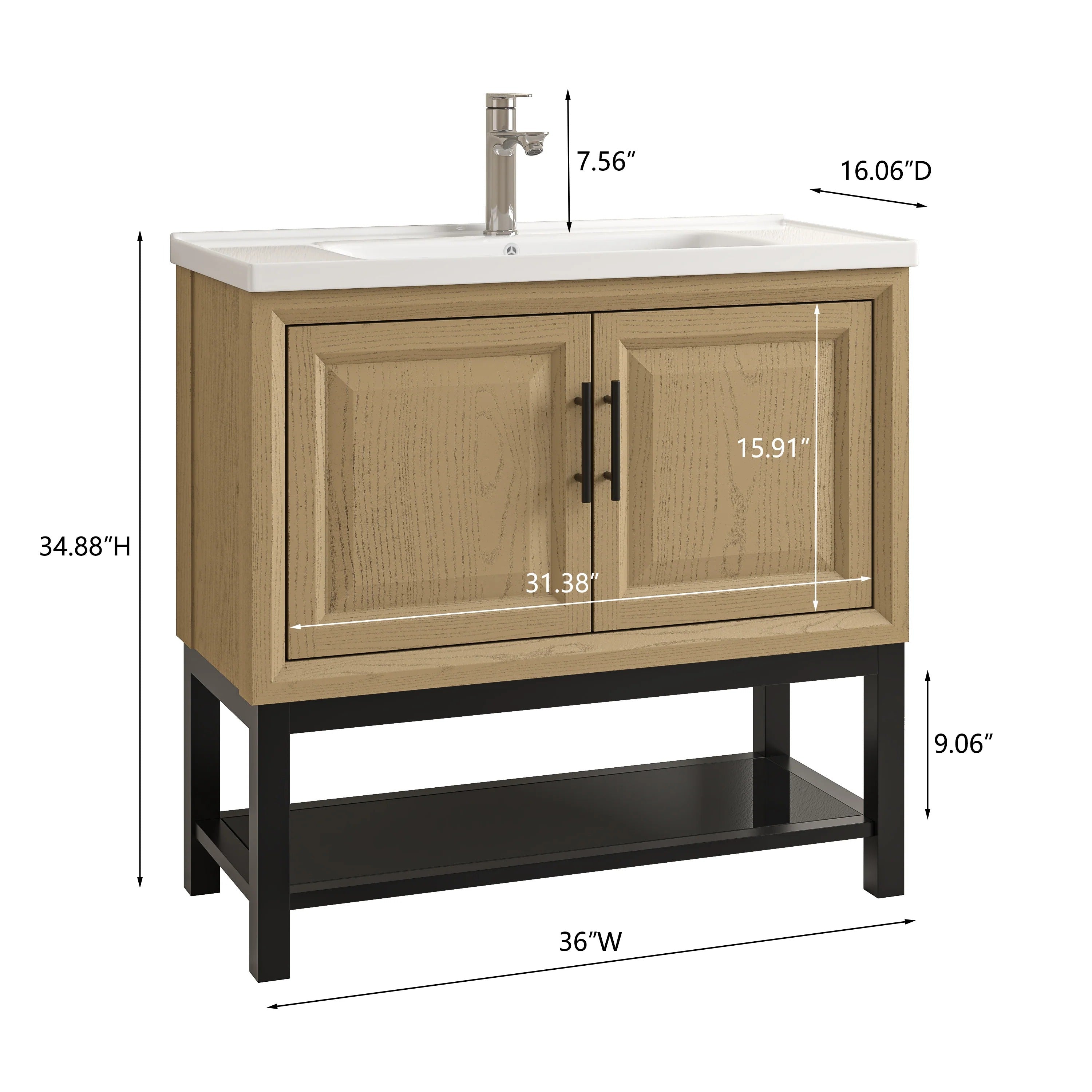 36" FBV24234 Freestanding Bathroom Vanity with Ceramic Top & Faucet-Brown