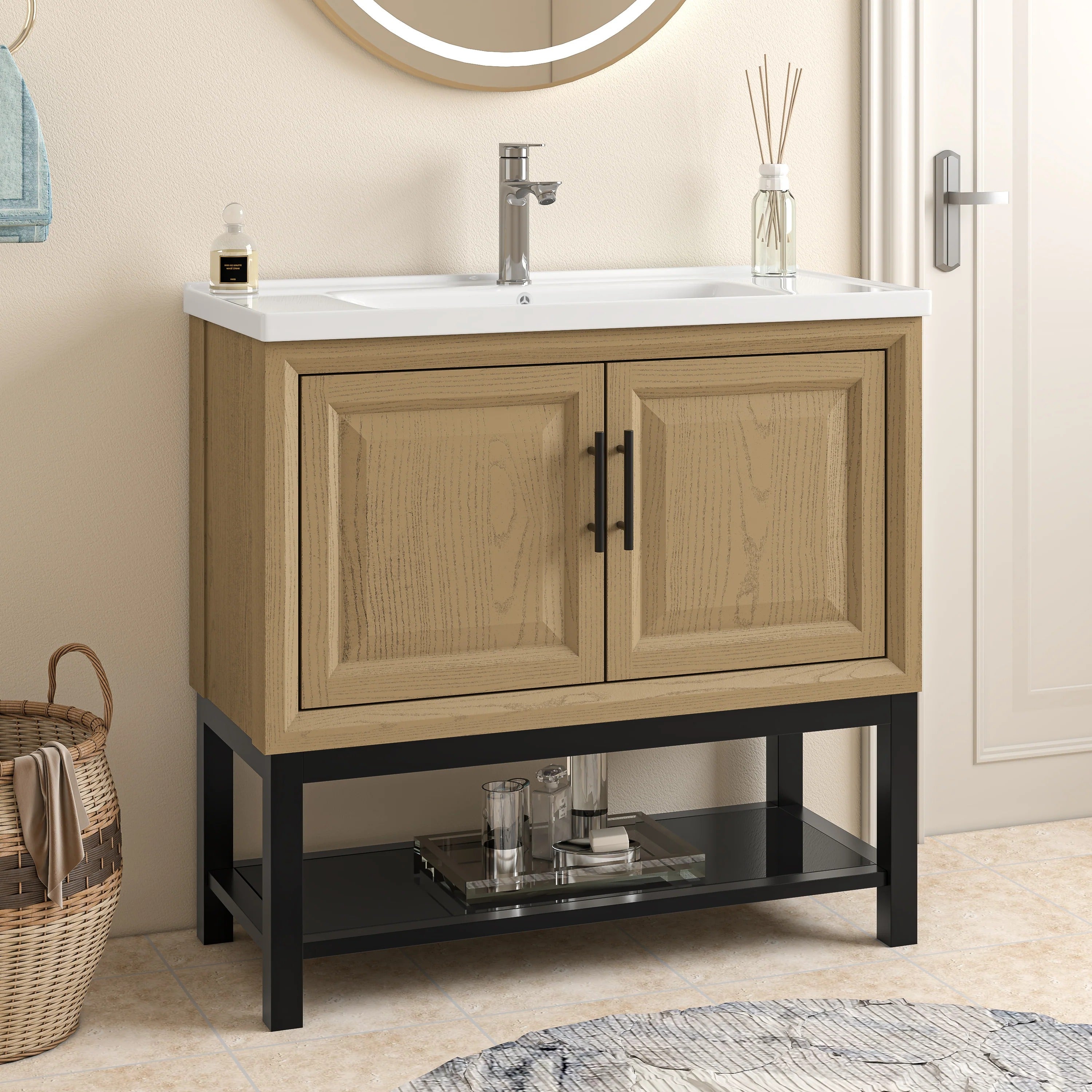 36" FBV24234 Freestanding Bathroom Vanity with Ceramic Top & Faucet-Brown