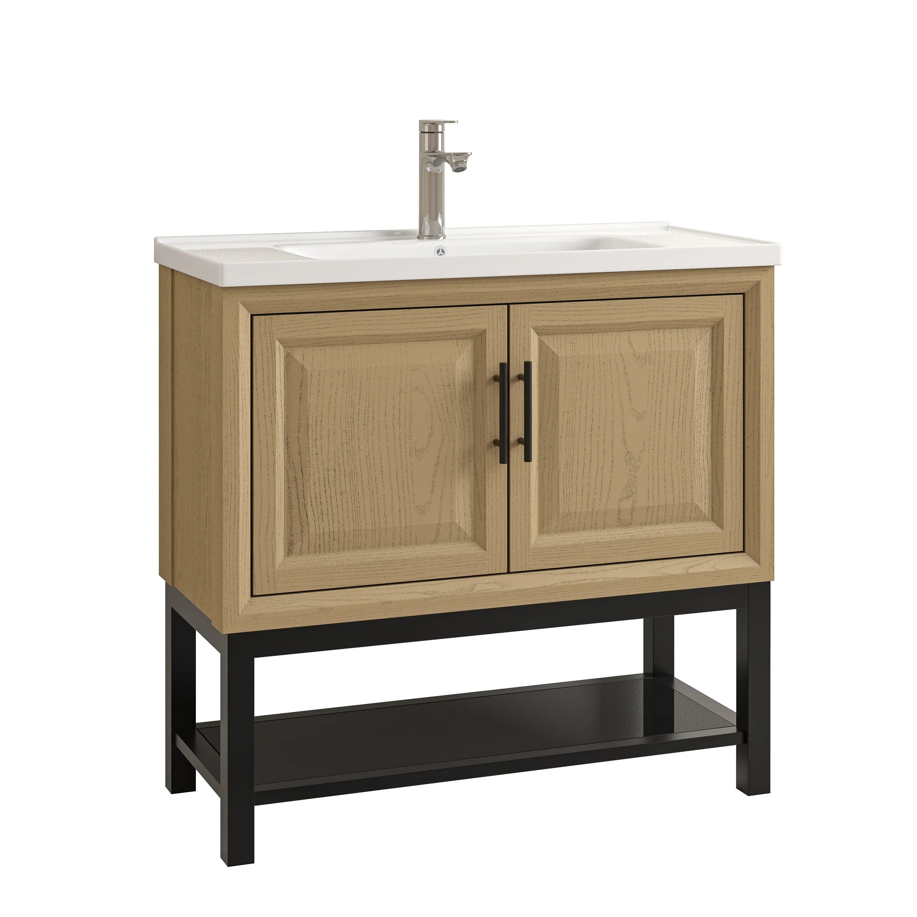 36" FBV24234 Freestanding Bathroom Vanity with Ceramic Top & Faucet-Brown