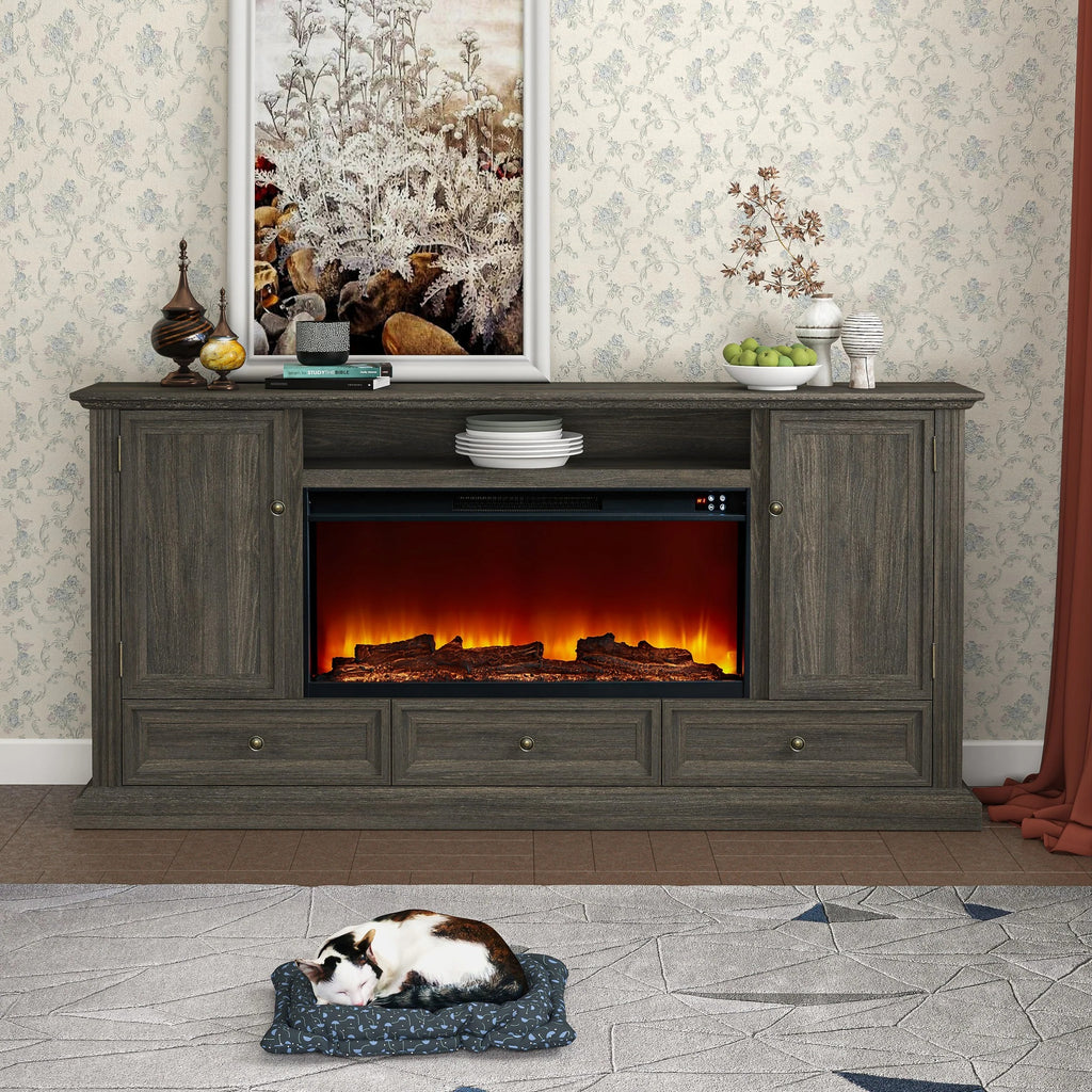 FTS23530 73" TV Stand with 36" Electric Fireplace-Brown