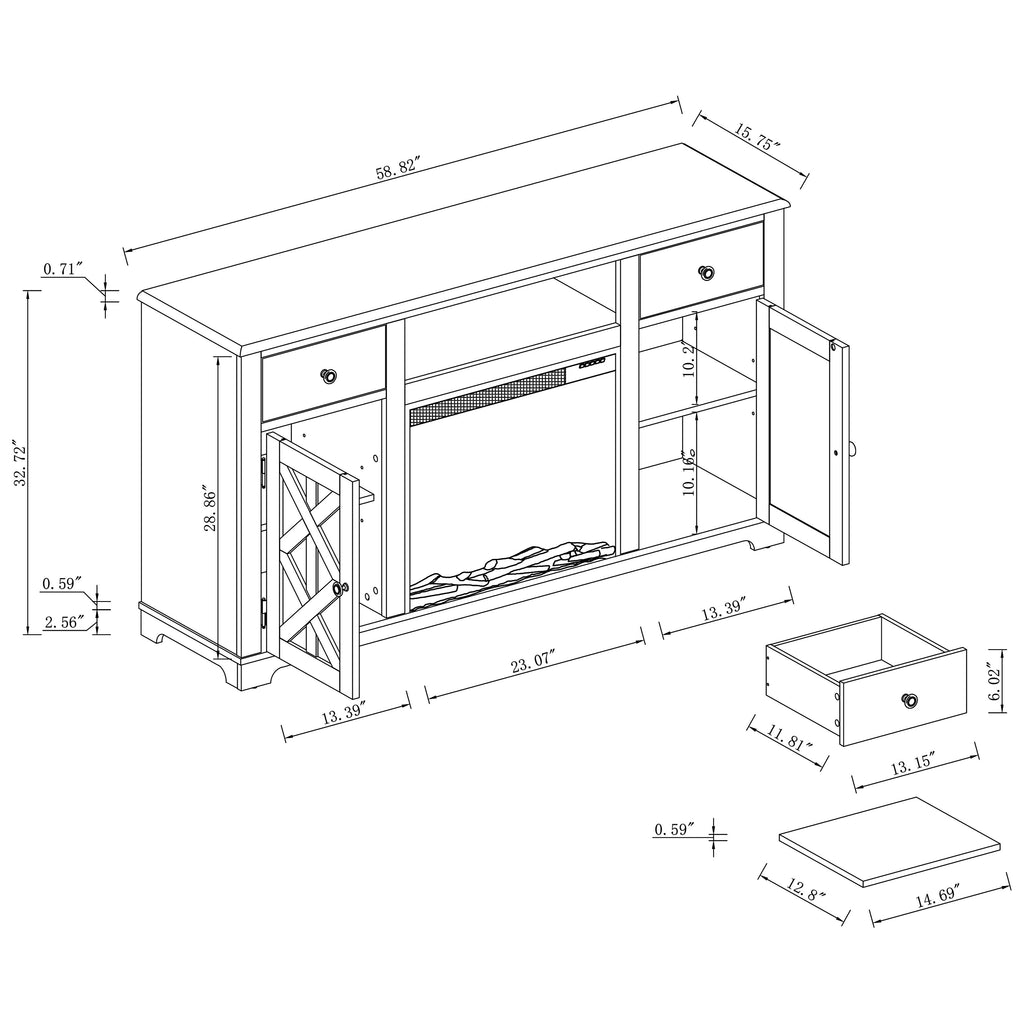 FTS23226 60" TV Stand with 23" Electric Fireplace-White