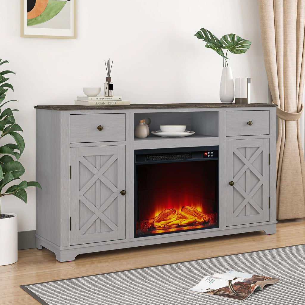 FTS23227 60" TV Stand with 23" Electric Fireplace-Grey