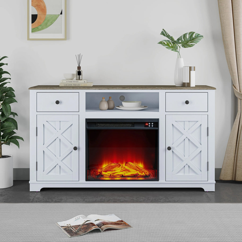 FTS23226 60" TV Stand with 23" Electric Fireplace-White