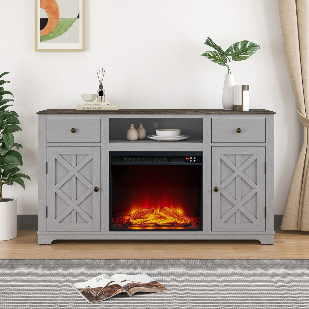 FTS23227 60" TV Stand with 23" Electric Fireplace-Grey