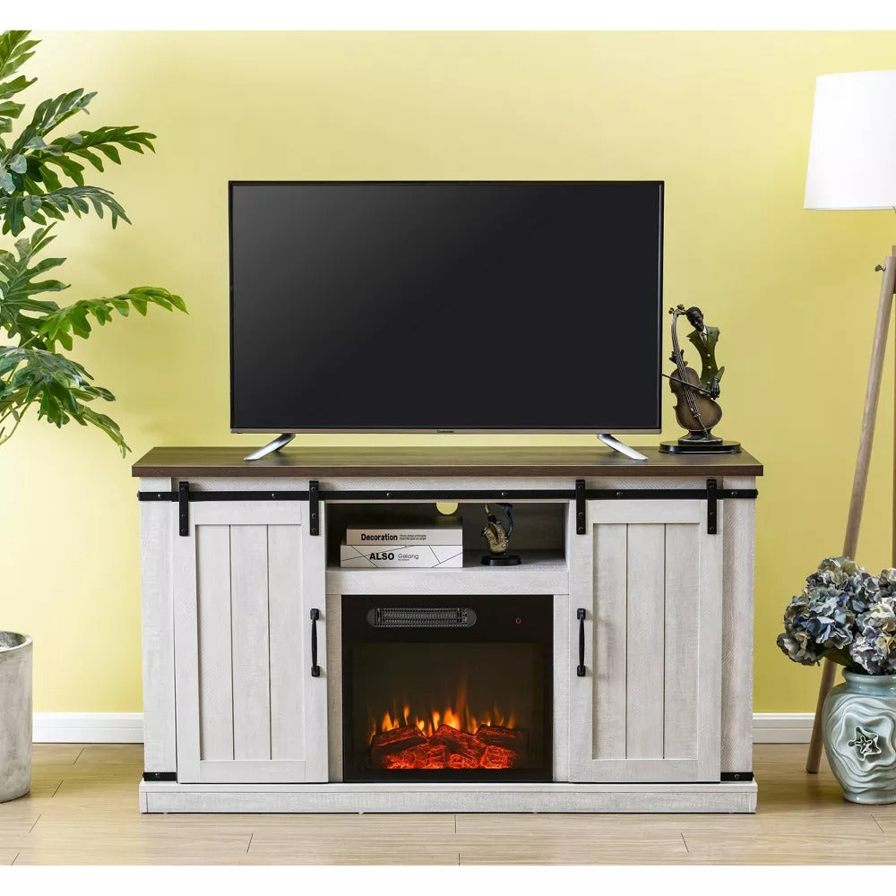 FFP20271 54" TV Stand with 18" Electric Fireplace & 2 Barn Door-White