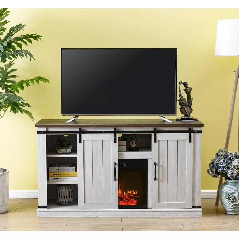 FFP20271 54" TV Stand with 18" Electric Fireplace & 2 Barn Door-White