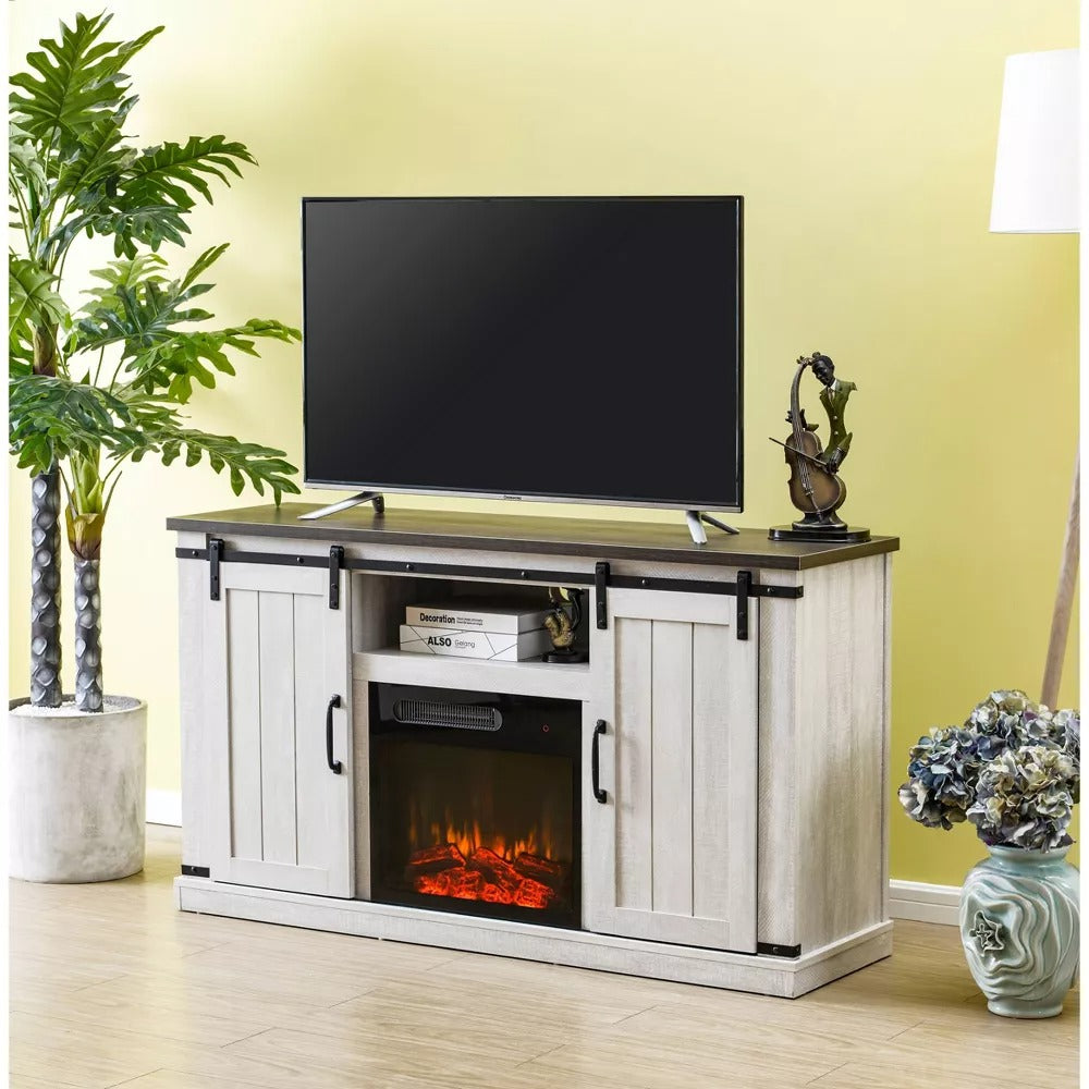 FFP20271 54" TV Stand with 18" Electric Fireplace & 2 Barn Door-White