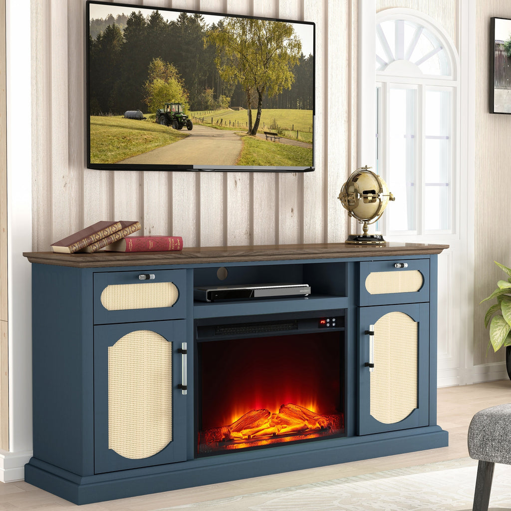 FTS23528 62" TV Stand with 26" Electric Fireplace-Navy