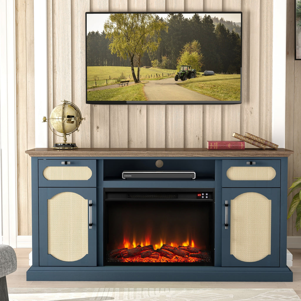 FTS23528 62" TV Stand with 26" Electric Fireplace-Navy