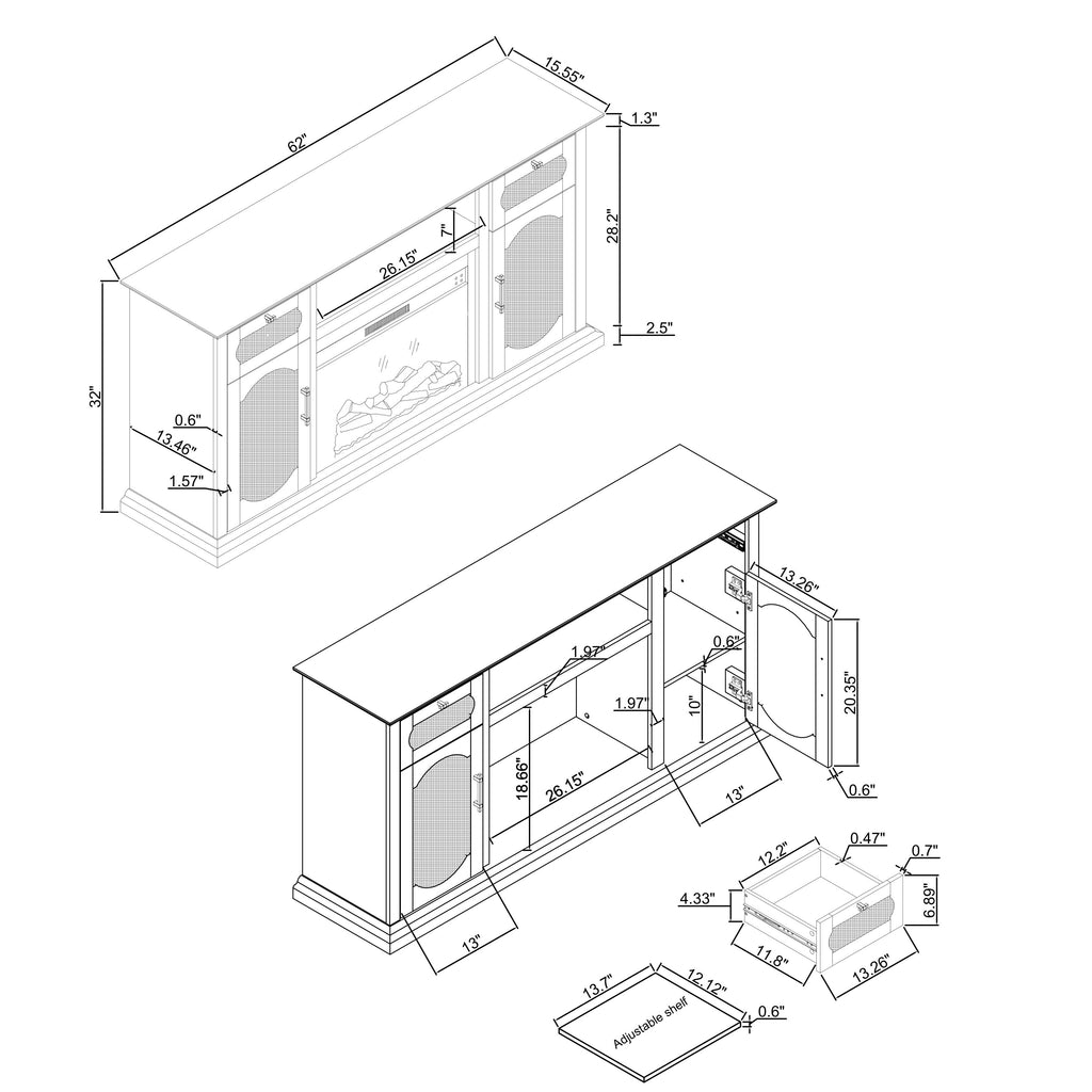 FTS23528 62" TV Stand with 26" Electric Fireplace-Navy