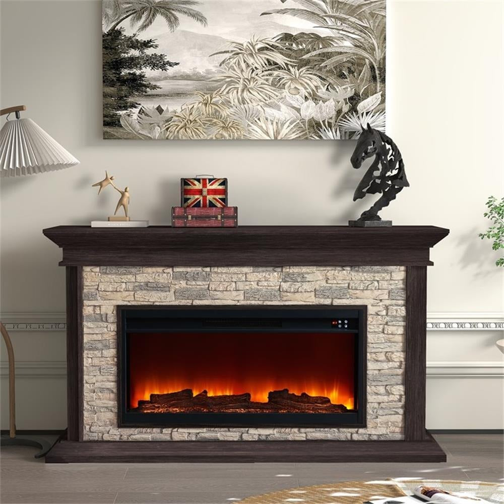 FFP23008 60" Electric Fireplace Mantel with Faux Brick-Brown