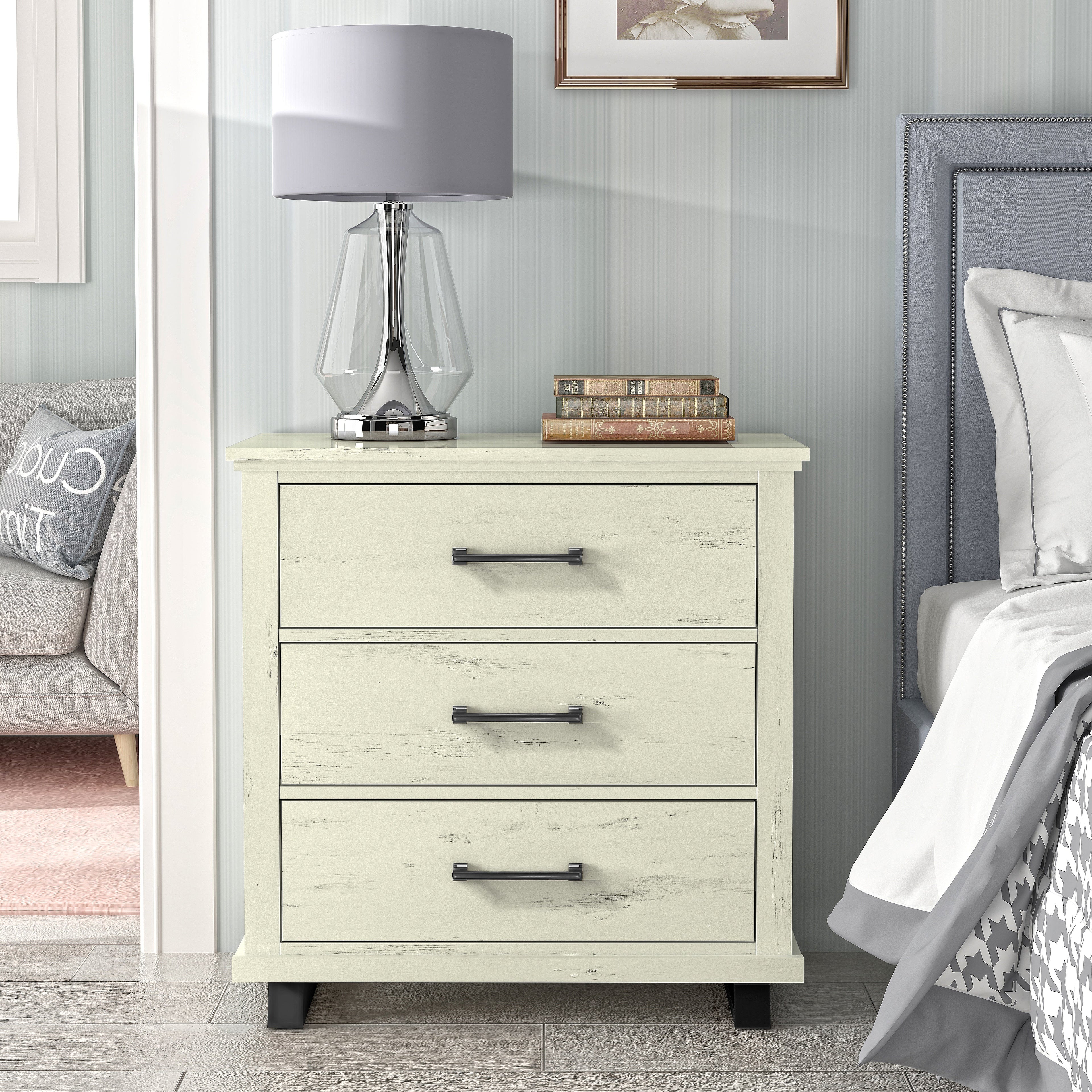 FNS22232 32" Bedroom Nightstands with 3 Drawers-White