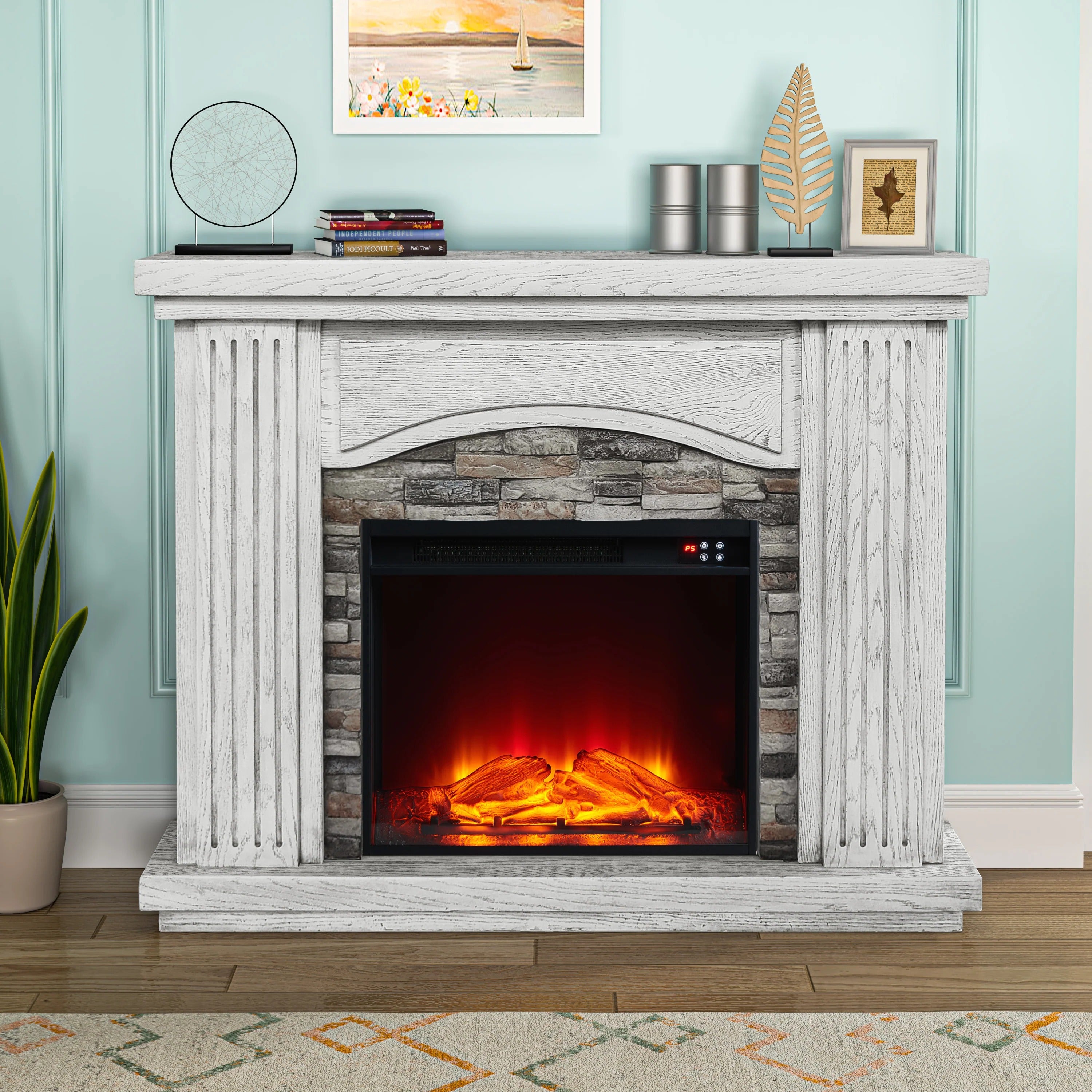 FFP22196 48" Electric Fireplace Mantel with Faux Brick-White
