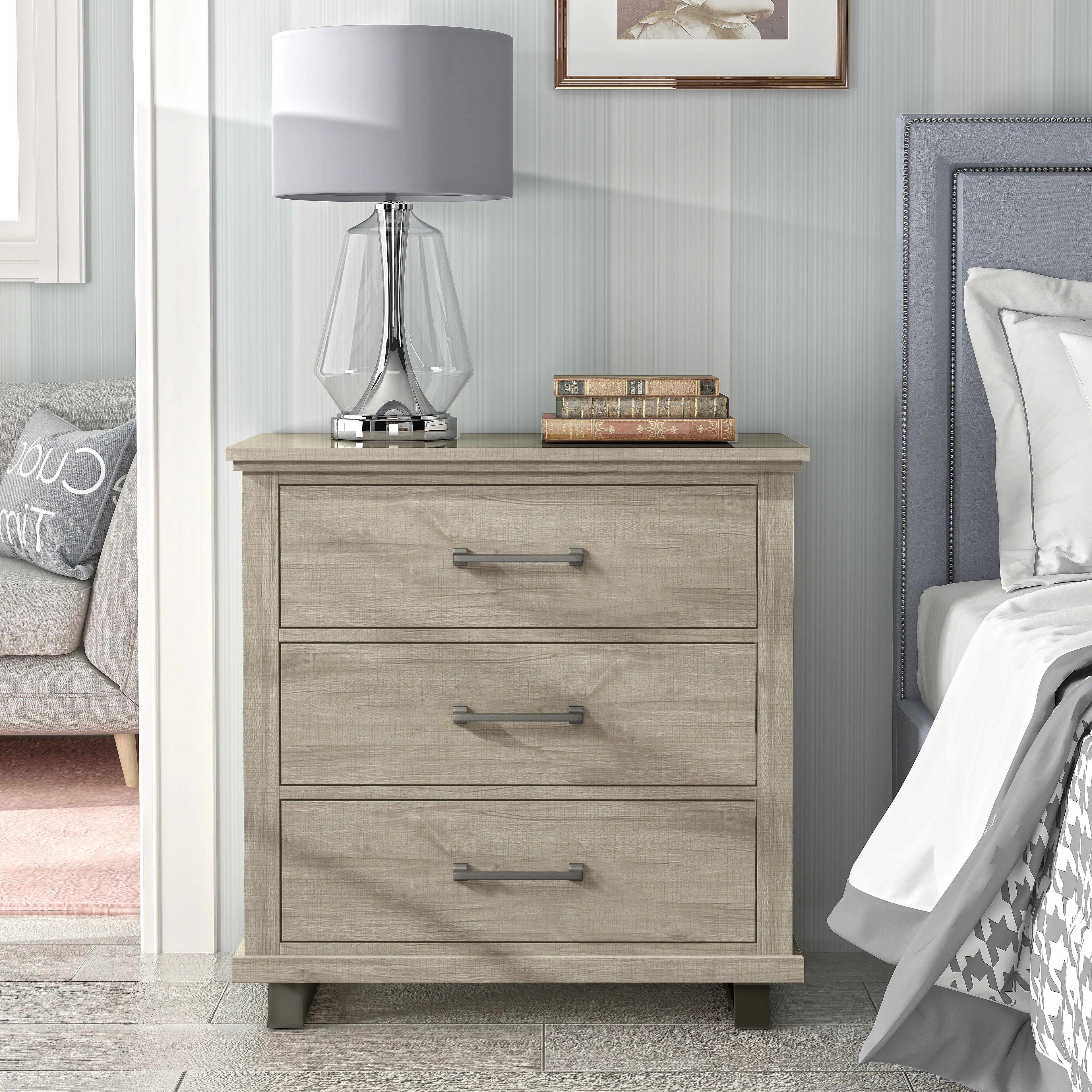FNS22231 32" Bedroom Nightstands with 3 Drawers-Beige