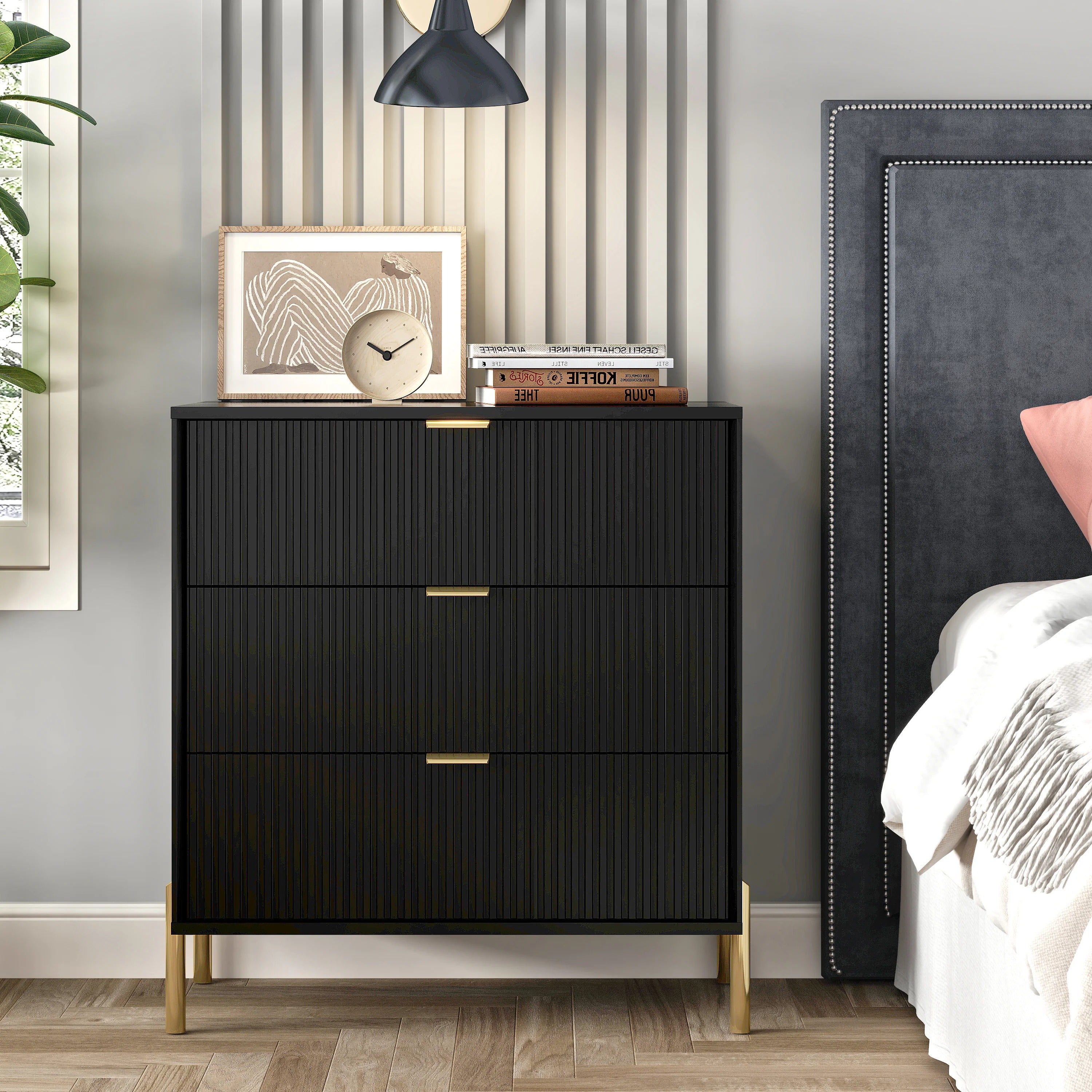 FNS23115 28" Bedroom Nightstands with 3 Drawers-Black