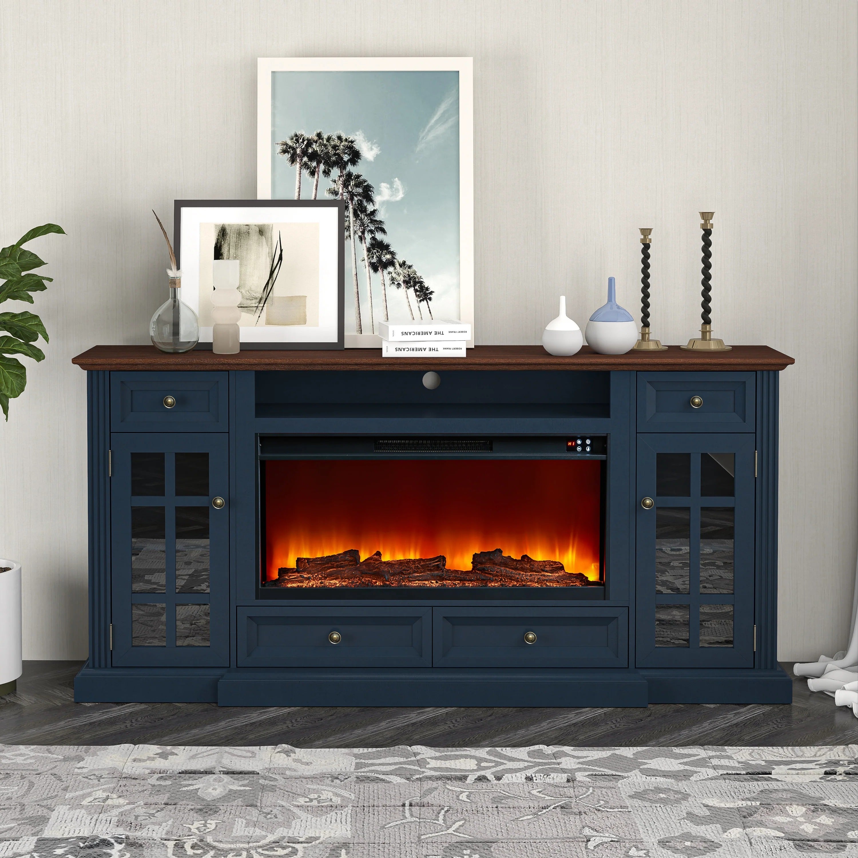 FTS24275 73" TV Stand with 36" Electric Fireplace-Navy