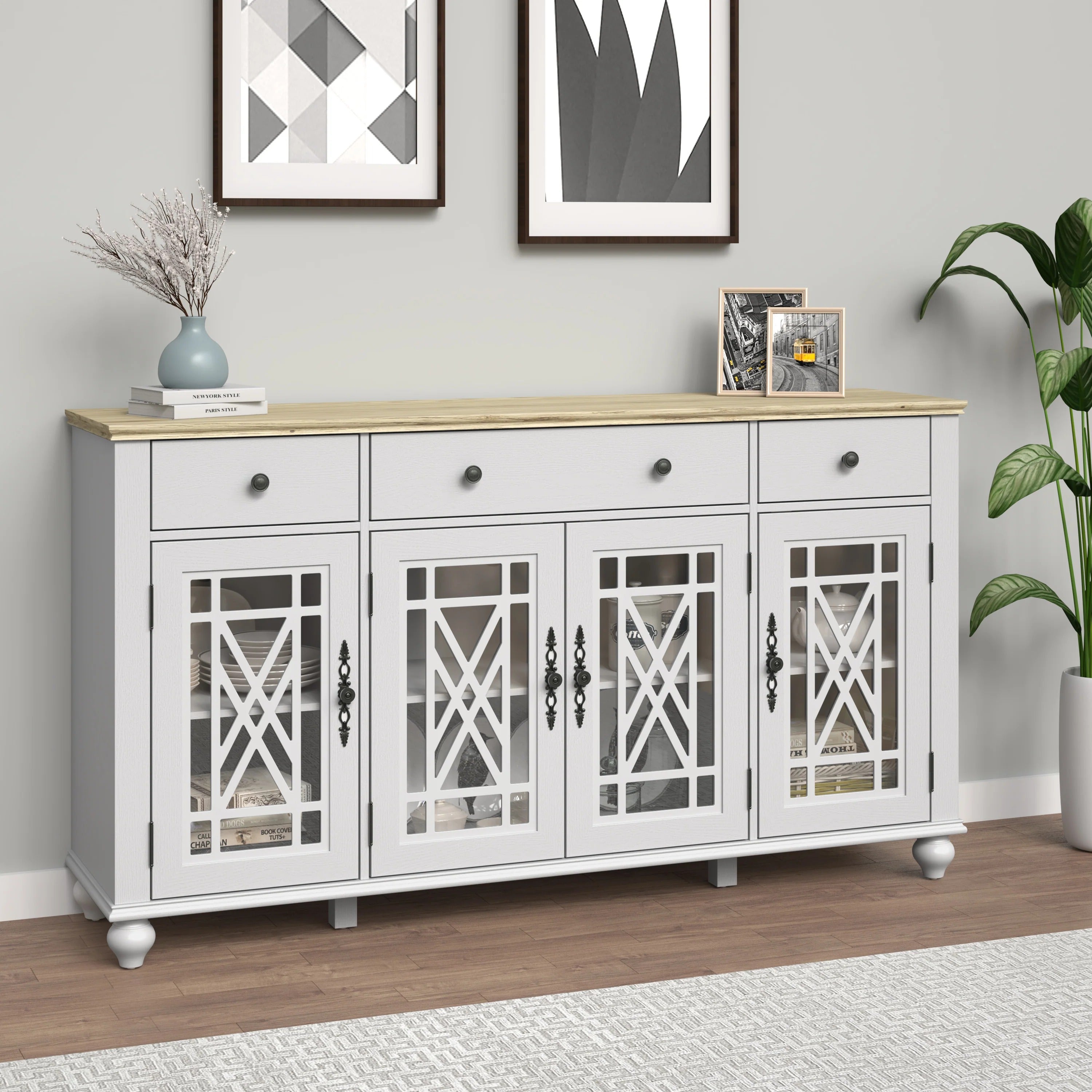 FCB24542 63" Buffet Sideboard Cabinet-Grayish White
