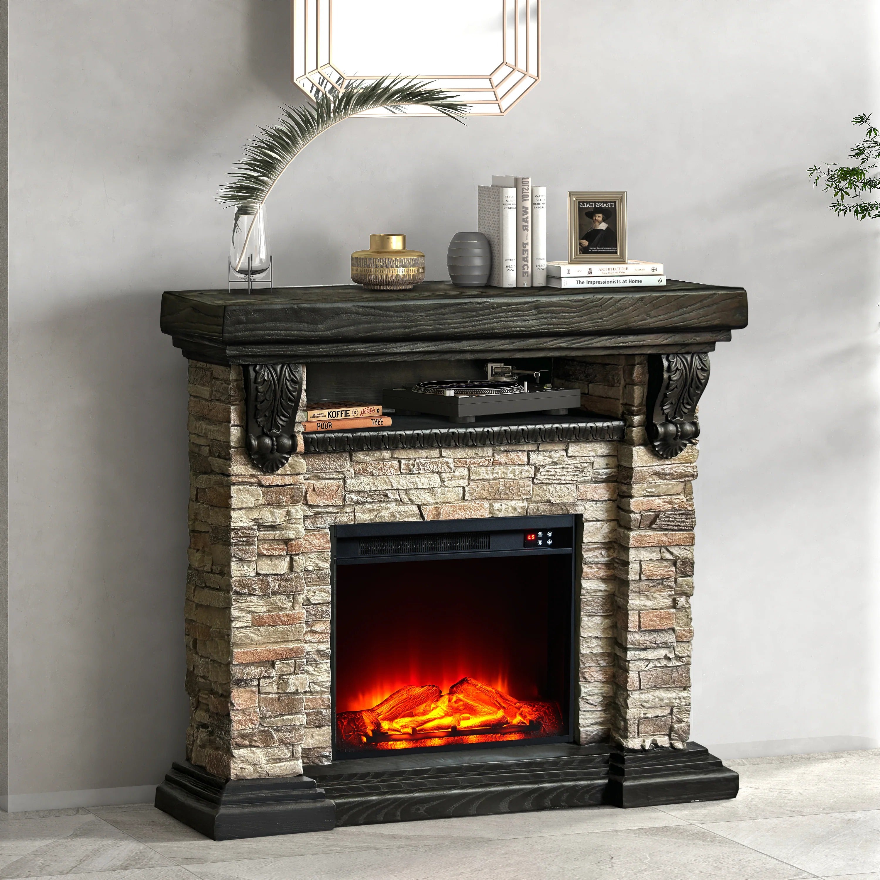FFP25041 45" Electric Fireplace MGO Mantel with Faux Brick-Brown